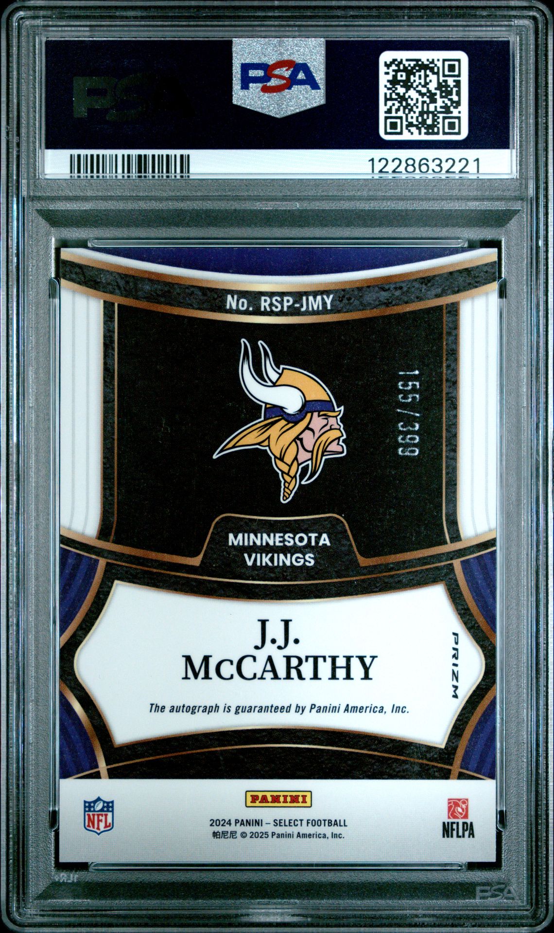 2024 Panini Select Rookie Signatures Jj Mccarthy #Rspjmy Gem Mt 10 back