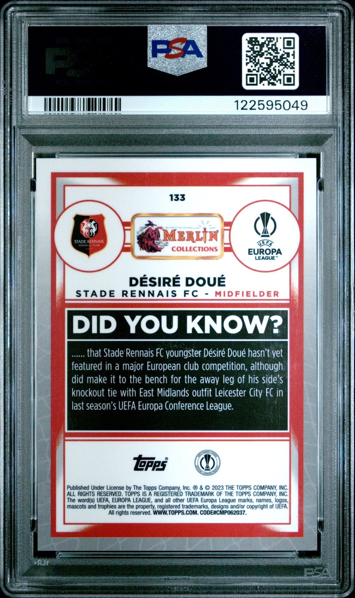 2022-23 Topps Merlin Chrome Uefa Club Competitions Desire Doue #133 (Rose Gold Shimmer) Gem Mt 10 back