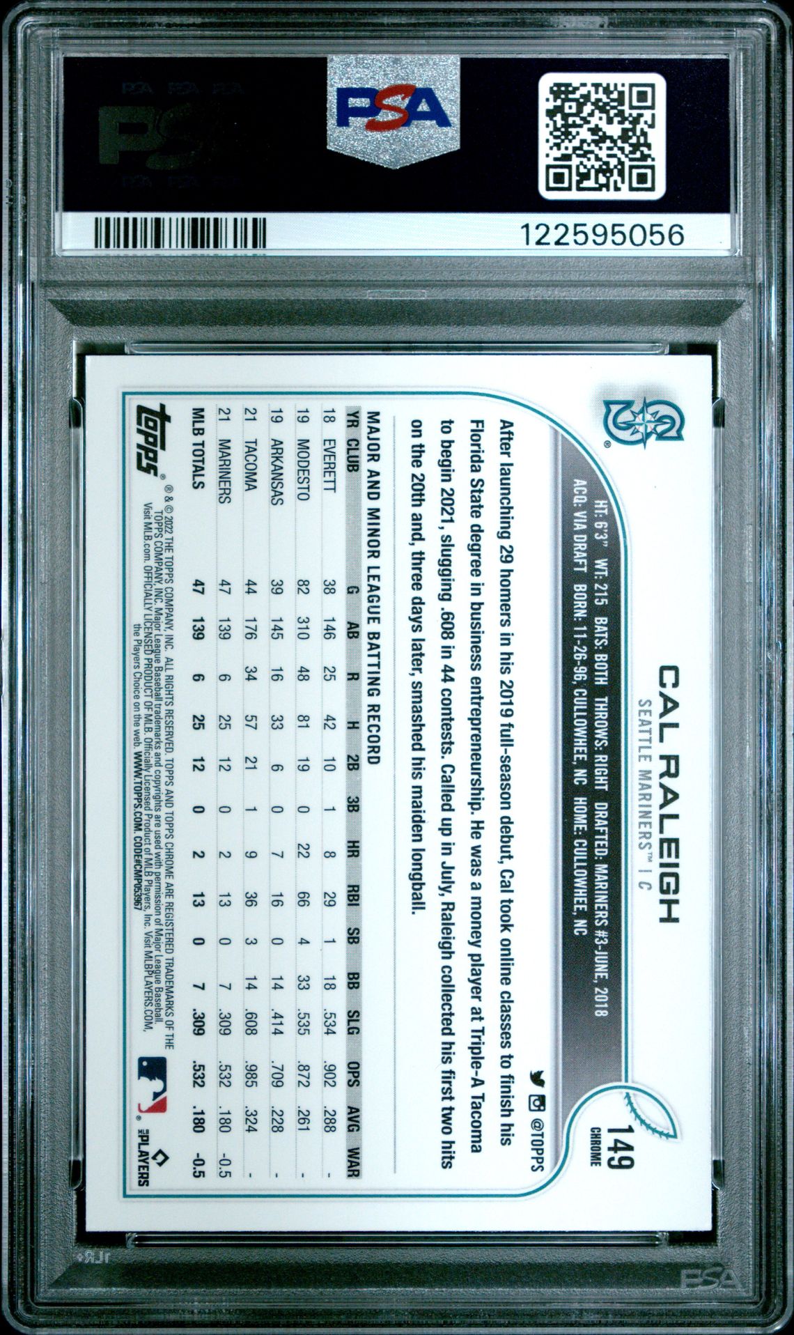 2022 Topps Chrome Cal Raleigh #149 (Pink Refractor) Gem Mt 10 back