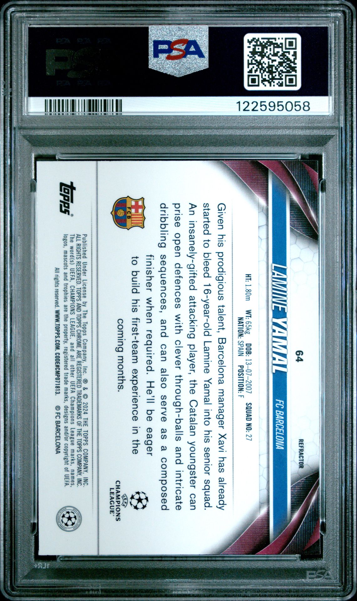 2023-24 Topps Chrome Uefa Club Competitions Lamine Yamal #64 (Refractor) Gem Mt 10 back