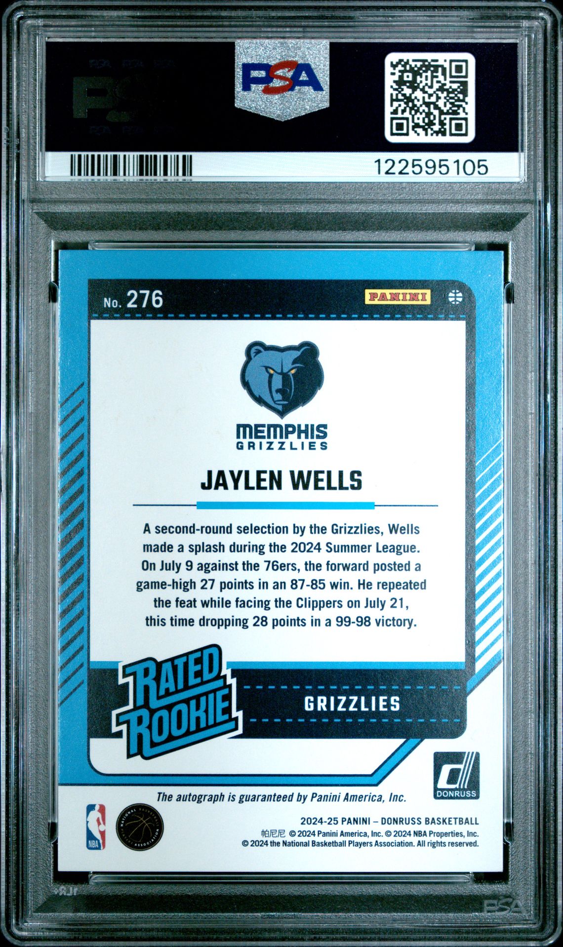 2024 Panini Donruss Jaylen Wells #276 (Rated Rookie Sig-Choice) Mint 9 back