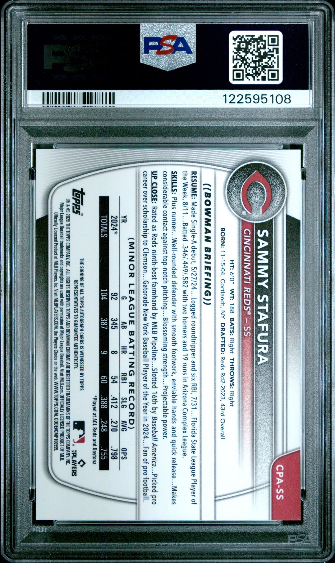 2025 Bowman Chrome Prospect Autographs Sammy Stafura #Cpass Mint 9 back