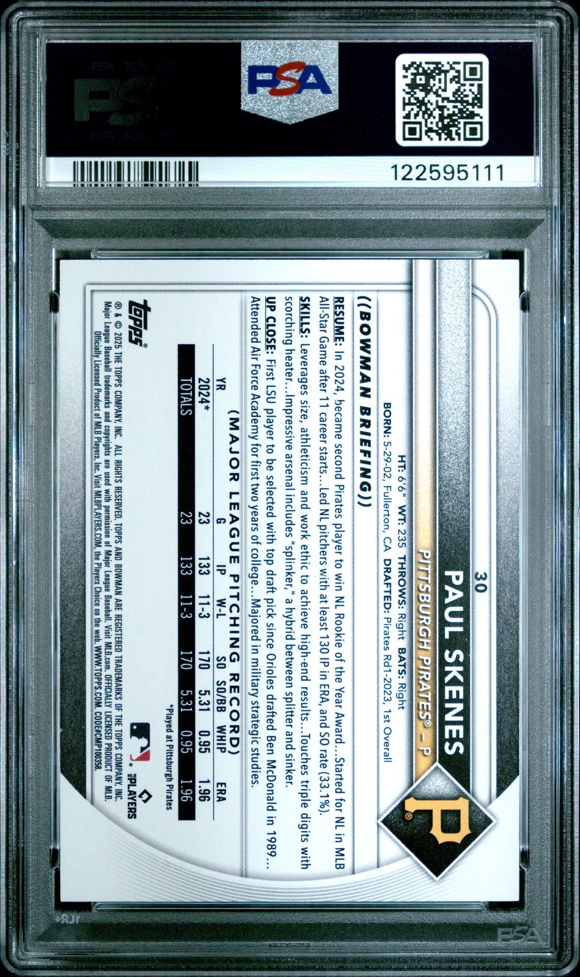 2025 Bowman Paul Skenes #30 (Orange) Gem Mt 10 back