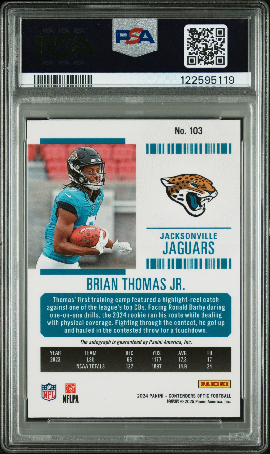 2024 Panini Contenders Optic Brian Thomas Jr. #103 (Autograph) Mint 9 back