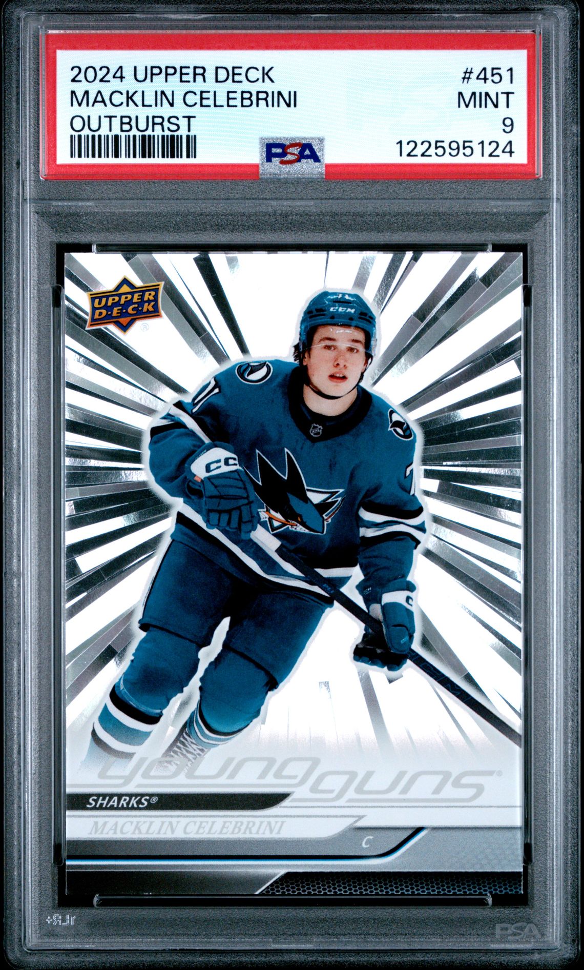 2024 Upper Deck Macklin Celebrini #451 (Outburst) Mint 9 front
