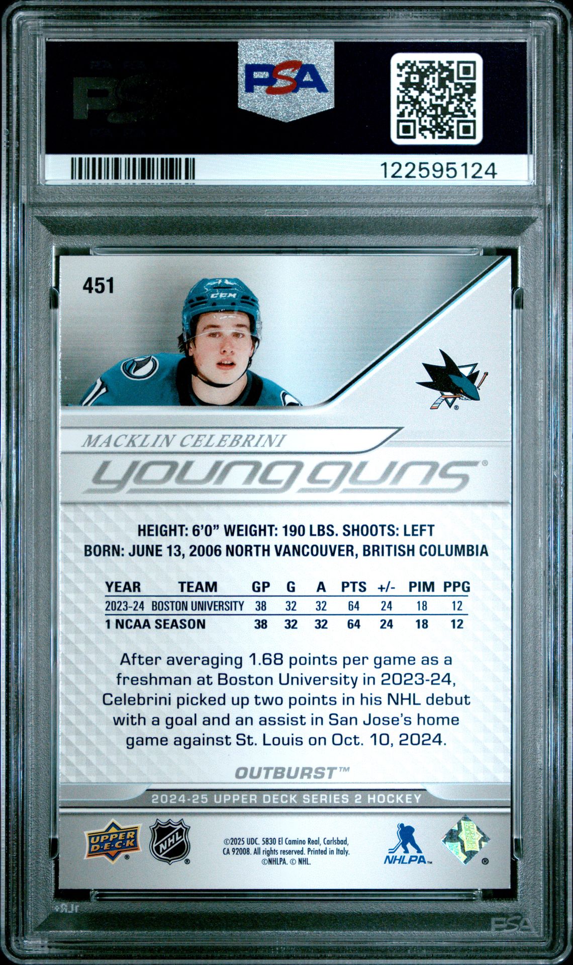 2024 Upper Deck Macklin Celebrini #451 (Outburst) Mint 9 back
