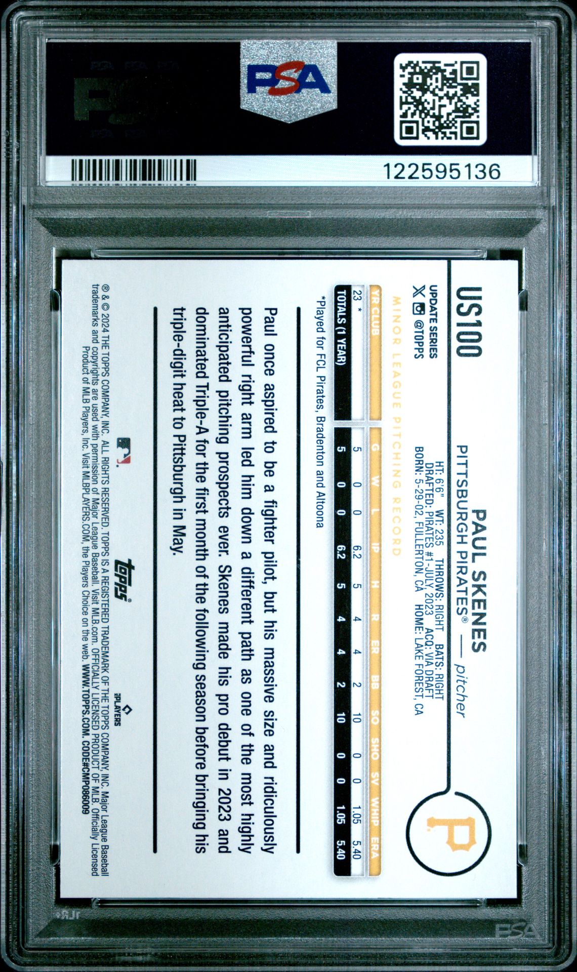 2024 Topps Update Paul Skenes #Us100 (Gold Rainbow Foil) Mint 9 back