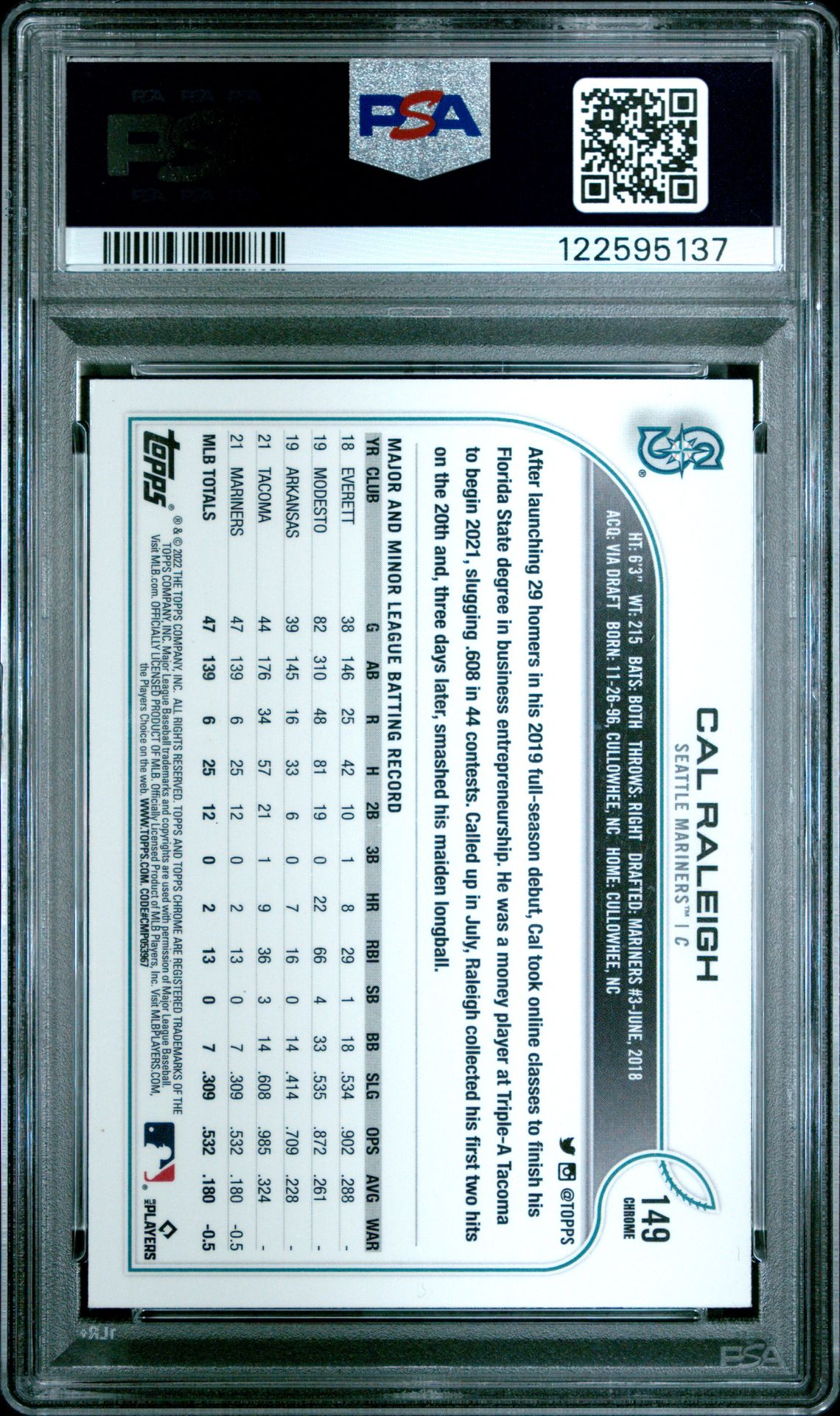 2022 Topps Chrome Cal Raleigh #149 (Pink Refractor) Mint 9 back