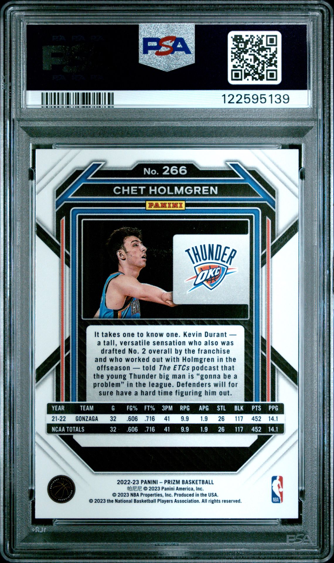 2022 Panini Prizm Chet Holmgren #266 Mint 9 back