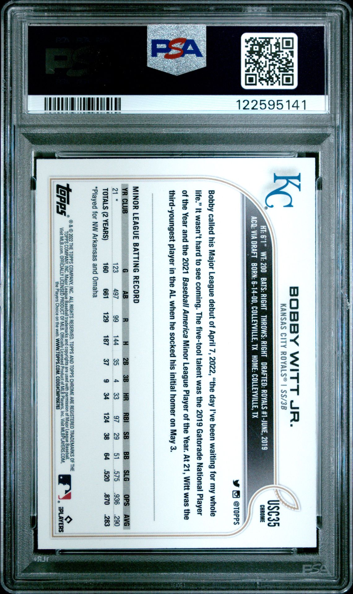 2022 Topps Chrome Update Bobby Witt Jr. #Usc35 Mint 9 back