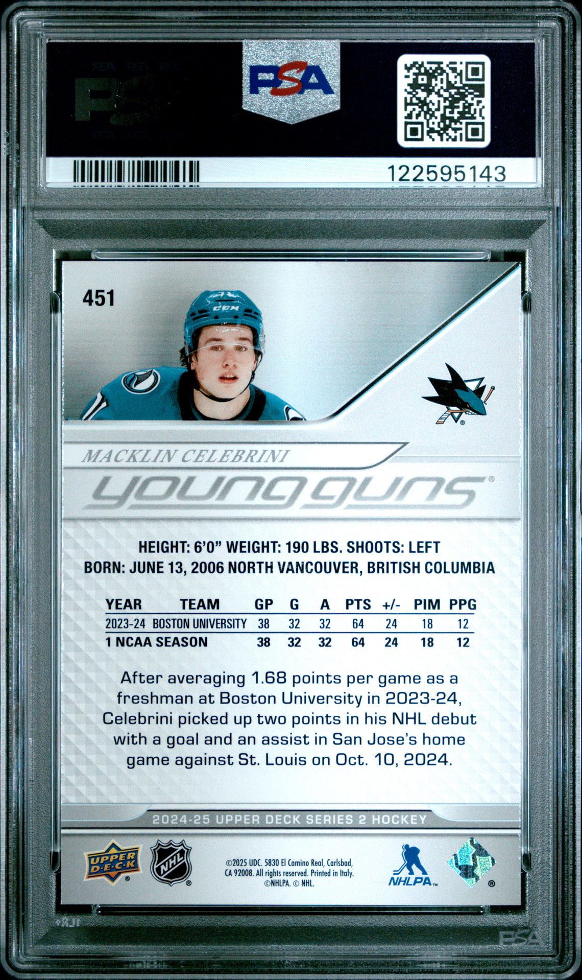 2024 Upper Deck Macklin Celebrini #451 Mint 9 back