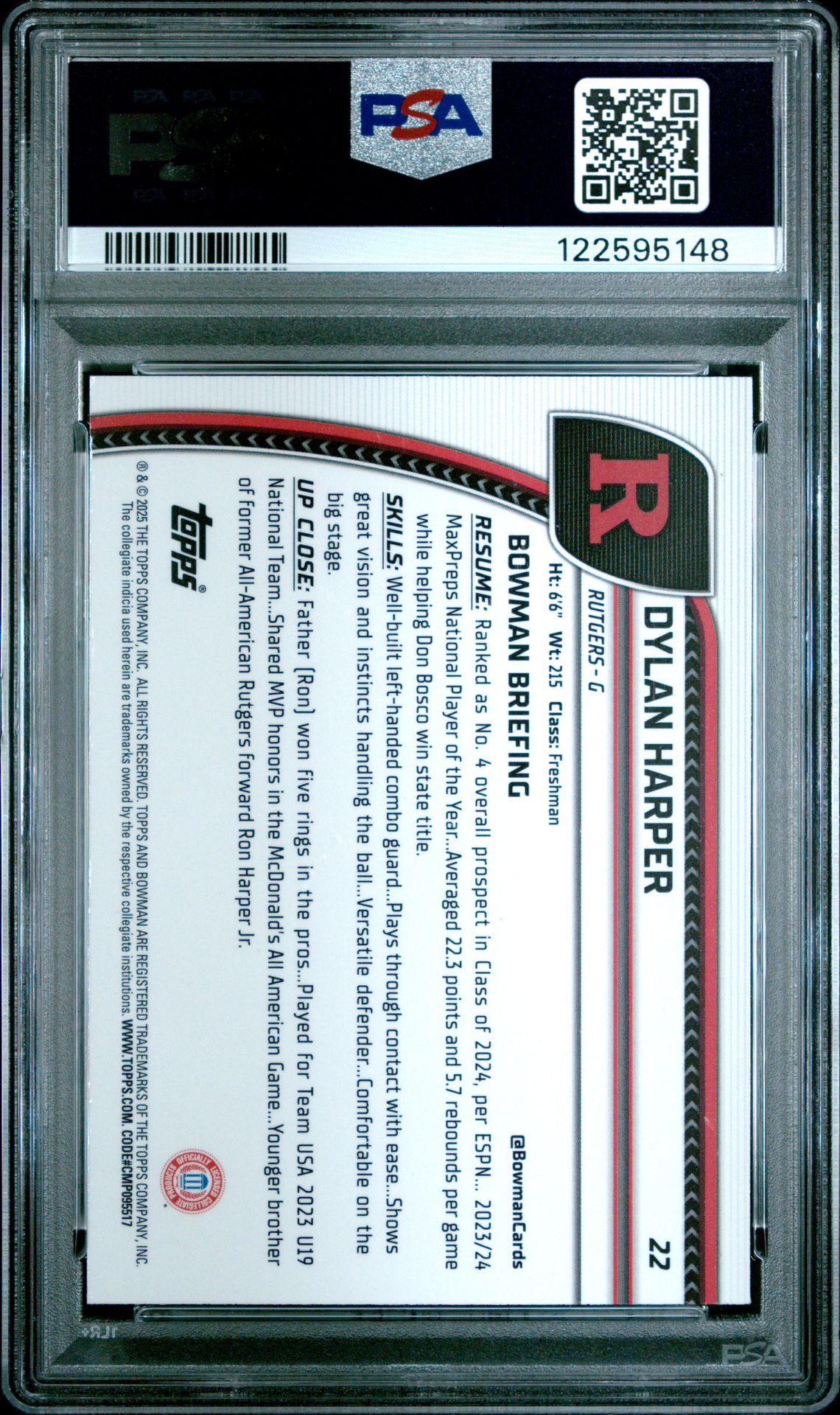 2024 Bowman Chrome University Dylan Harper #22 (Green Shimmer) Gem Mt 10 back