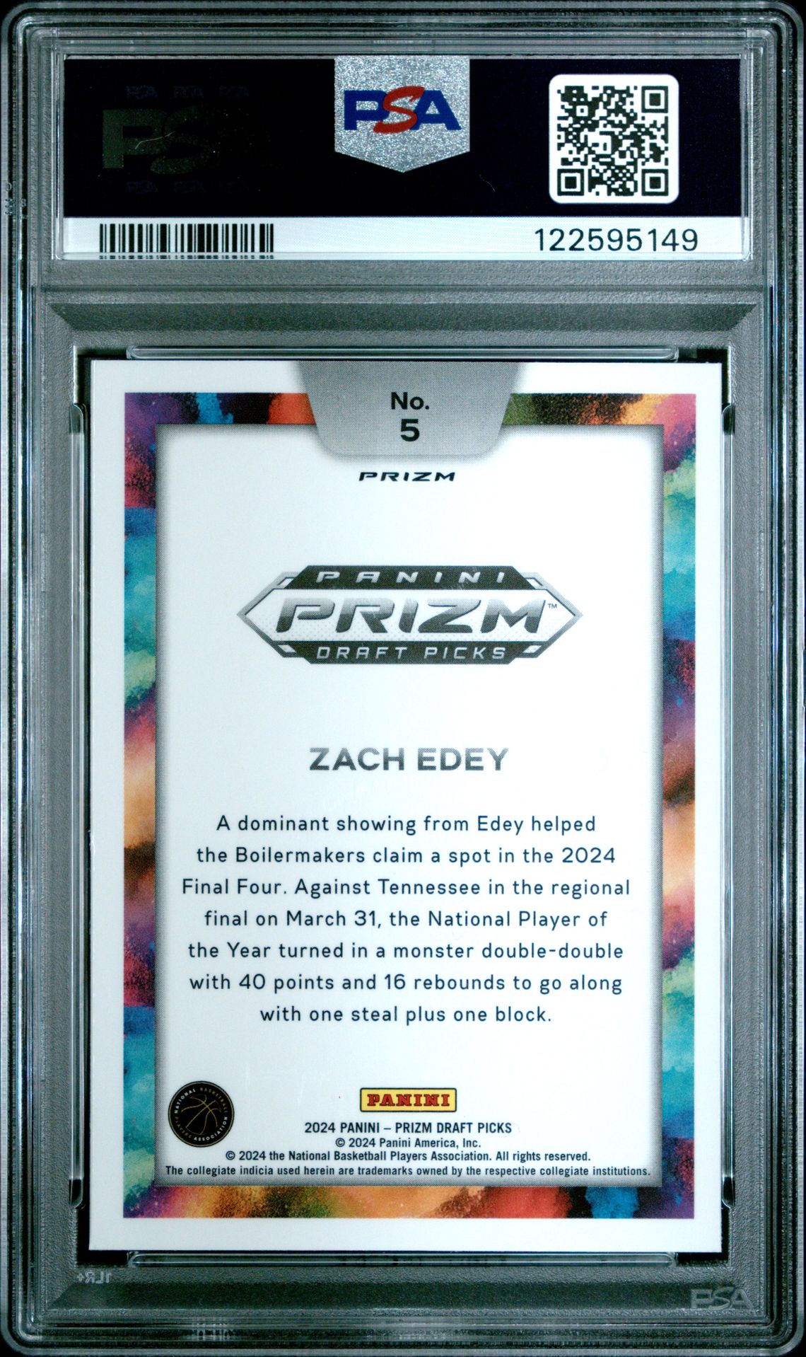 2024 Panini Prizm Draft Picks Color Blast Zach Edey #5 Gem Mt 10 back