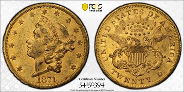 1871-S $20 AU55