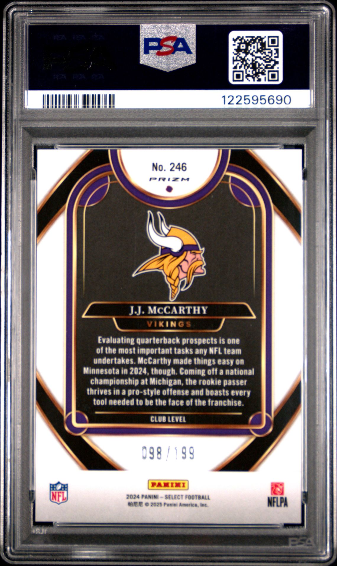 2024 Panini Select Jj Mccarthy #246 (White Shock) Gem Mt 10 back