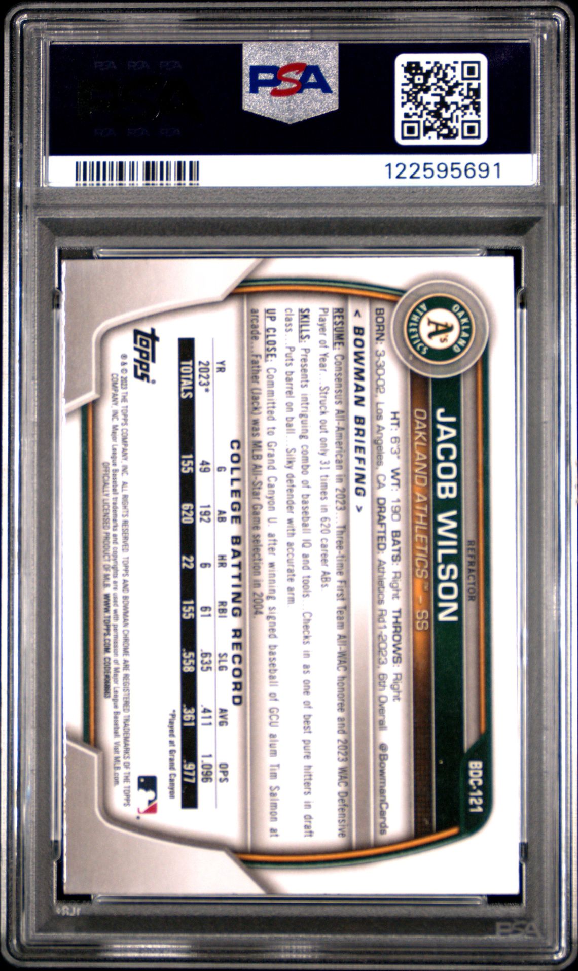 2023 Bowman Draft Jacob Wilson #Bdc121 (Chrome-Refractor) Gem Mt 10 back