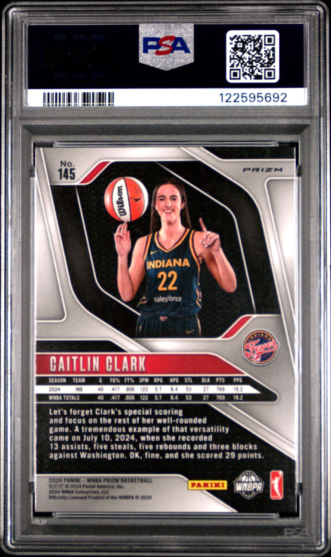 2024 Panini Prizm Wnba Caitlin Clark #145 (Blue Velocity) Gem Mt 10 back