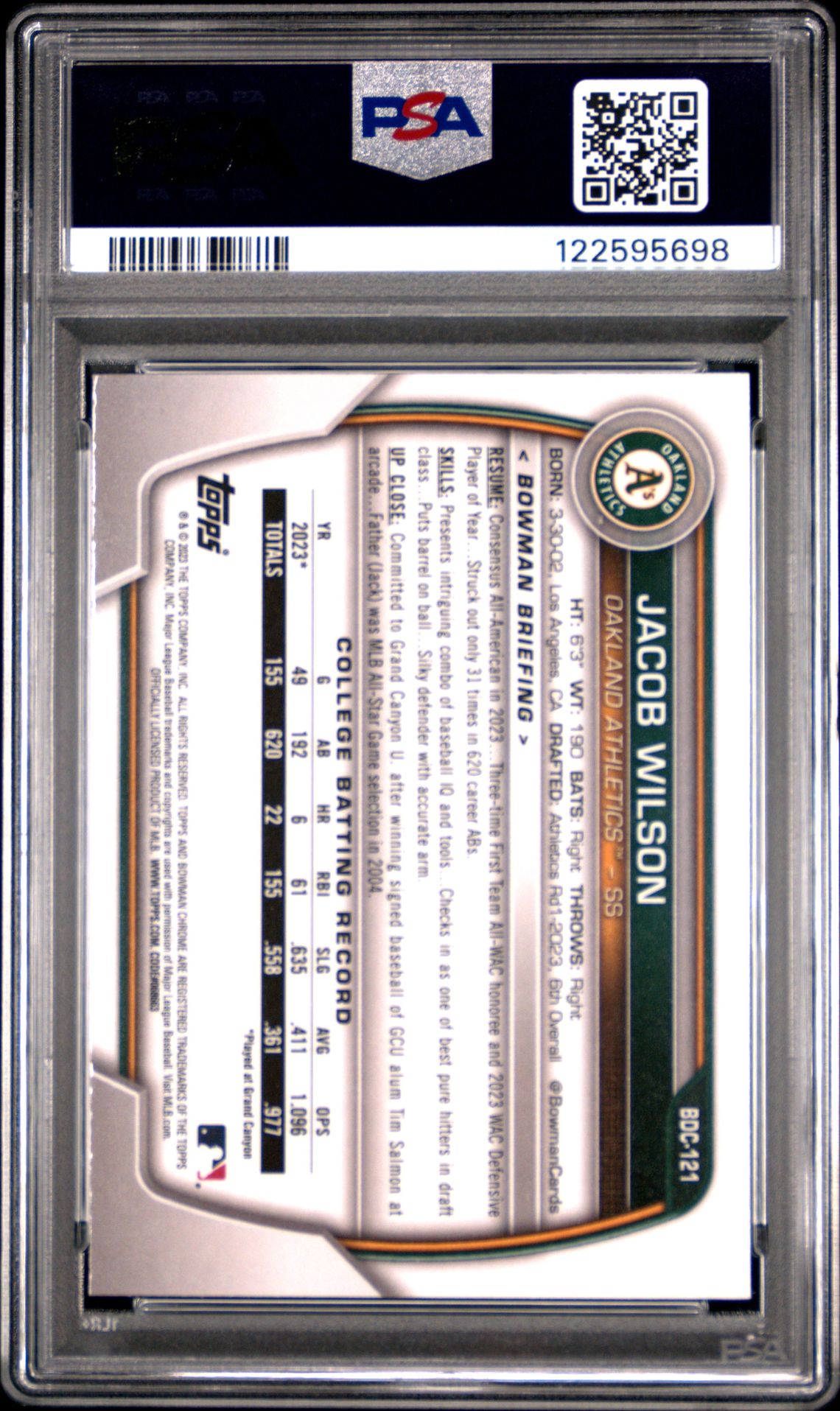 2023 Bowman Draft Jacob Wilson #Bdc121 (Chrome-Sky Blue Refractor) Gem Mt 10 back