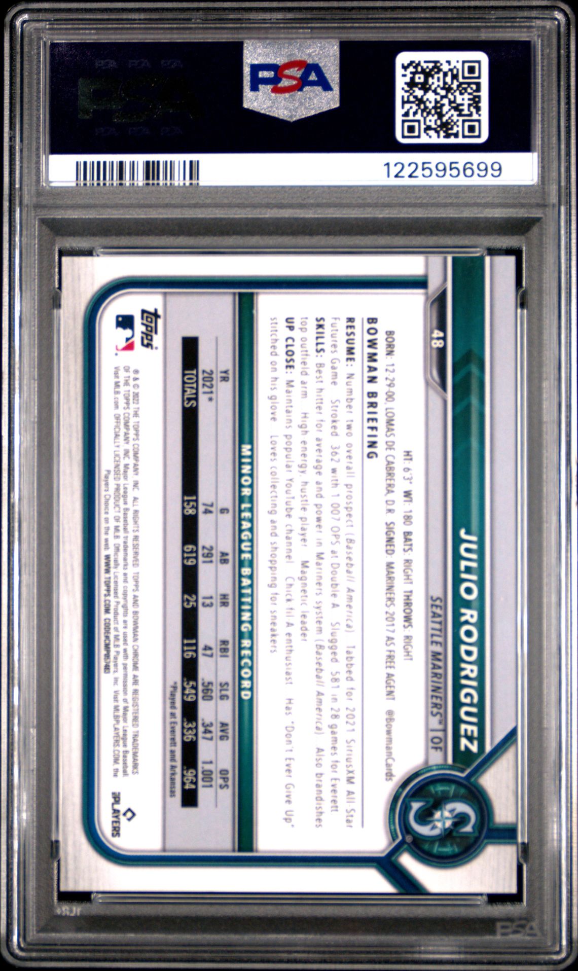 2022 Bowman Chrome Sapphire Edition Julio Rodriguez #48 (Aqua) Gem Mt 10 back