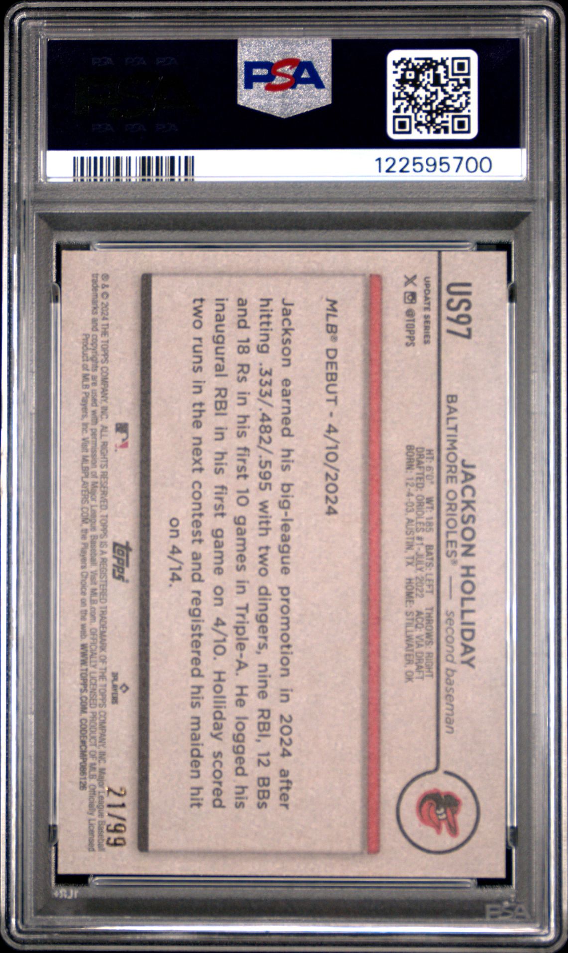 2024 Topps Update Jackson Holliday #Us97 (Vintage Stock) Mint 9 back