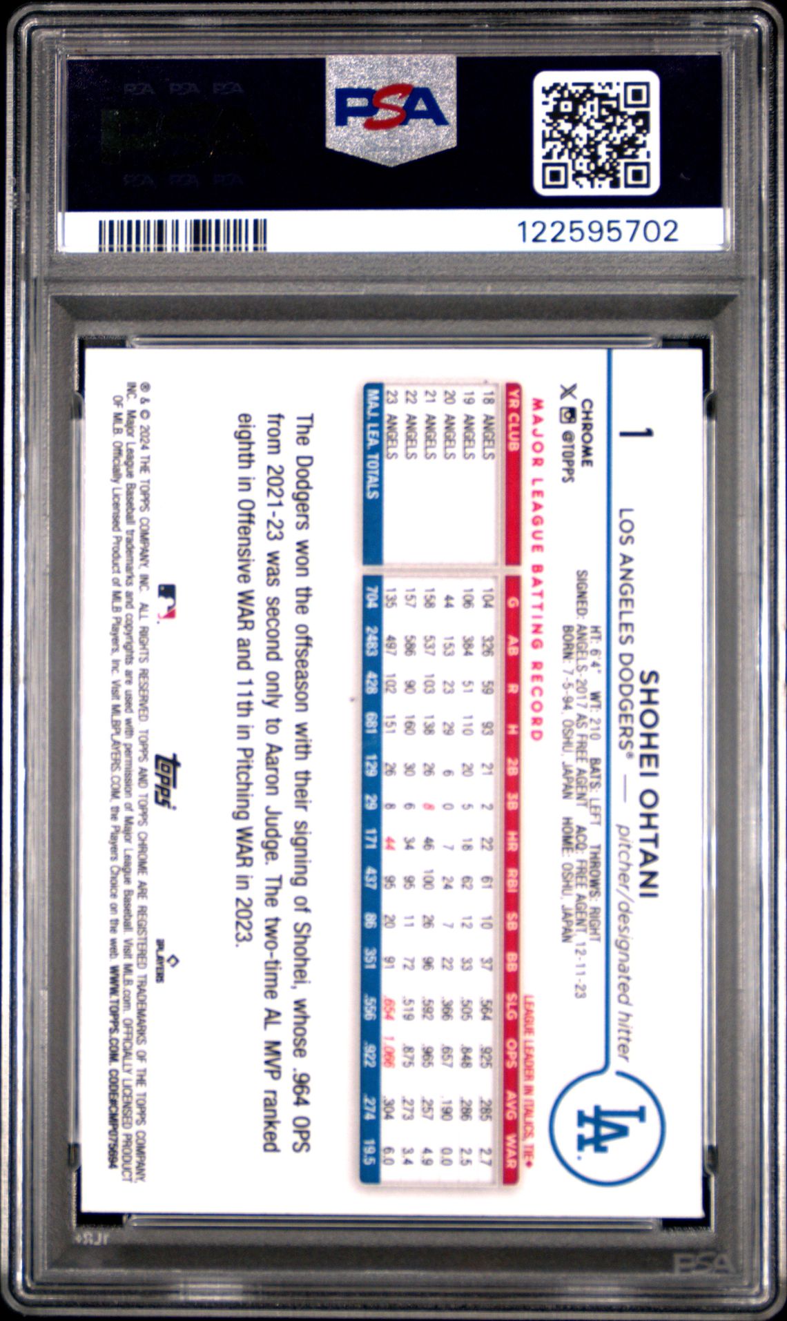 2024 Topps Chrome Shohei Ohtani #1 (Aqua Lava Refractor) Gem Mt 10 back