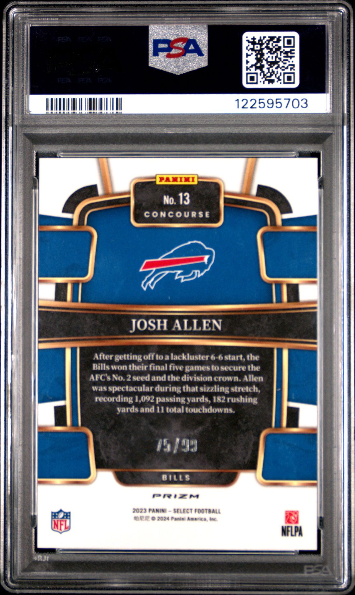 2023 Panini Select Josh Allen #13 (Red Prizm) Gem Mt 10 back