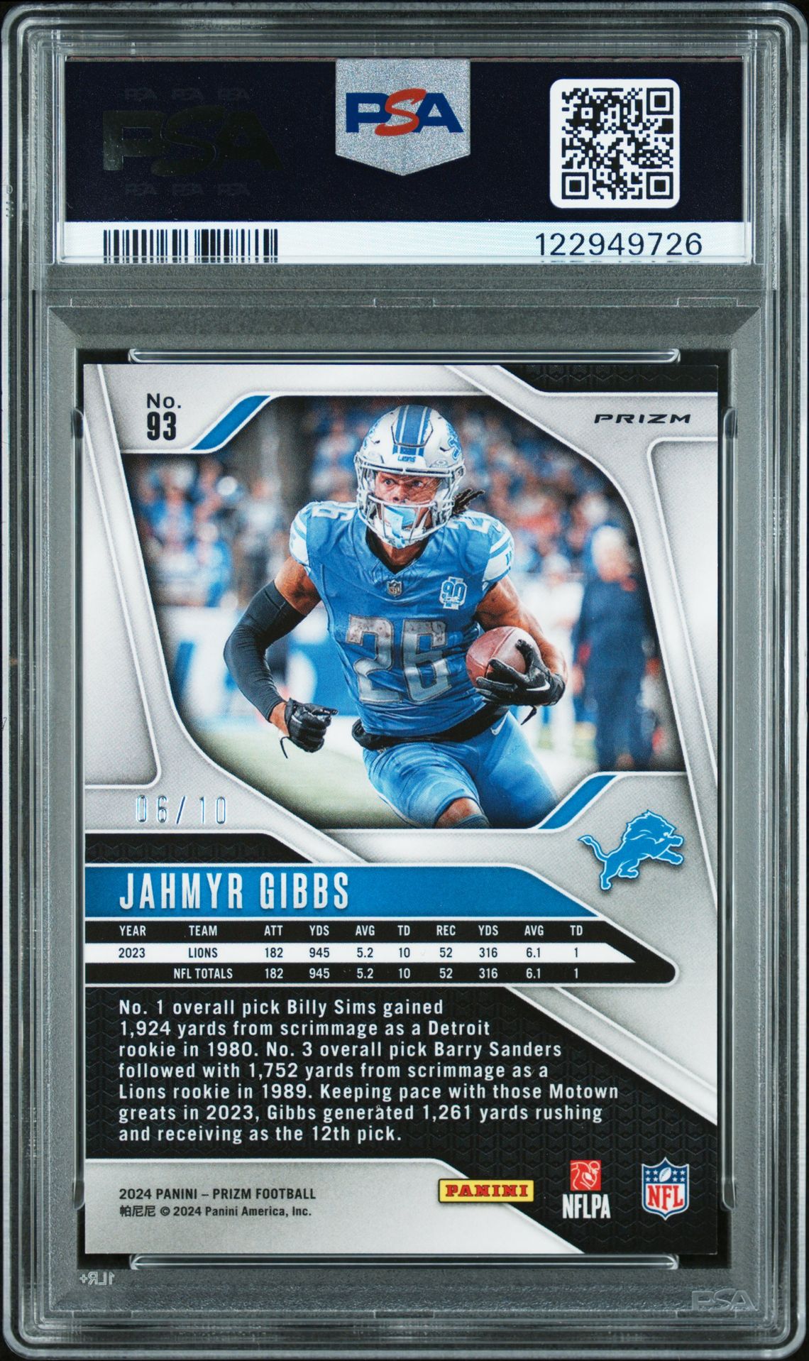 2024 Panini Prizm Jahmyr Gibbs #93 (Gold Wave) Gem Mt 10 back