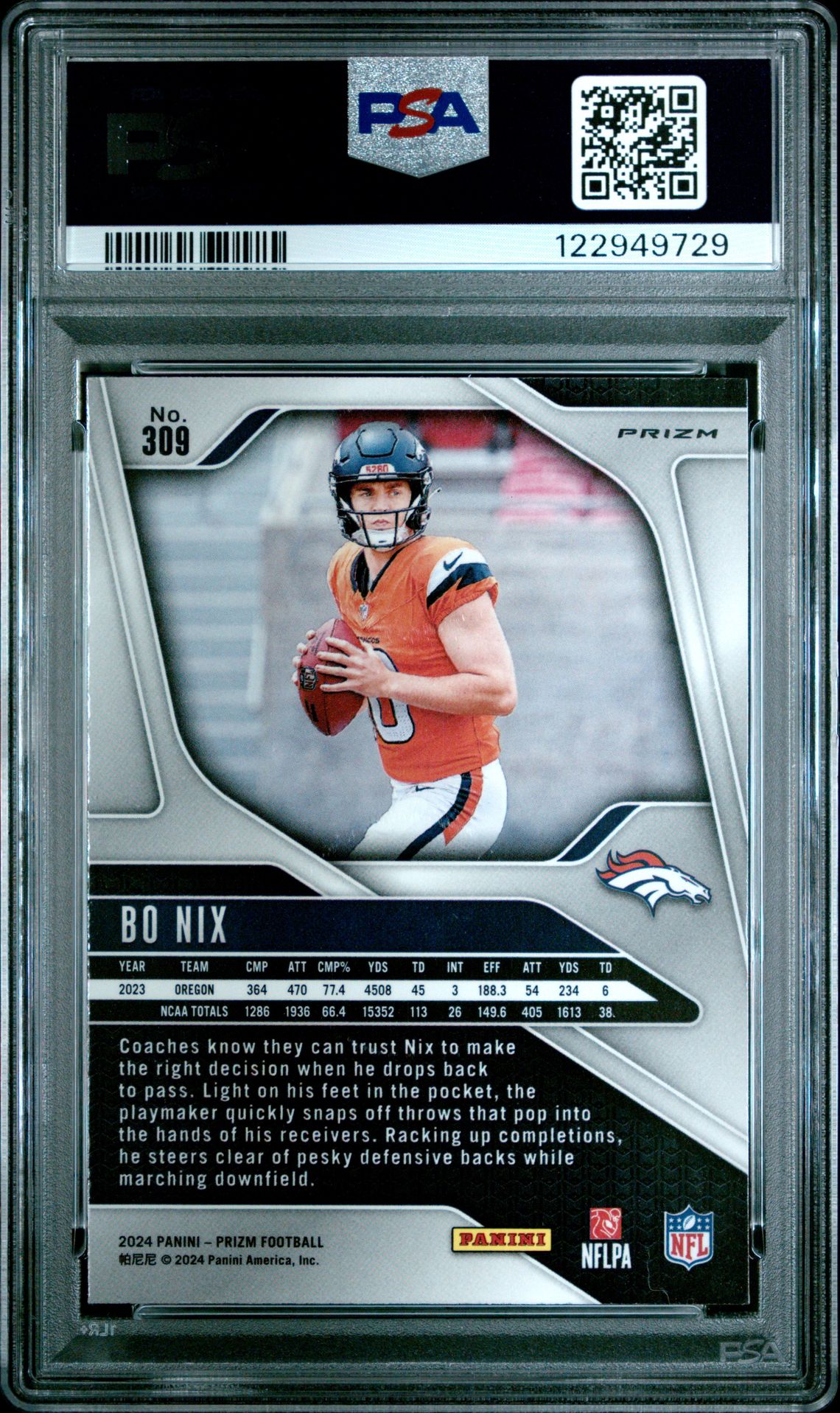 2024 Panini Prizm Bo Nix #309 (Pink Wave) Gem Mt 10 back