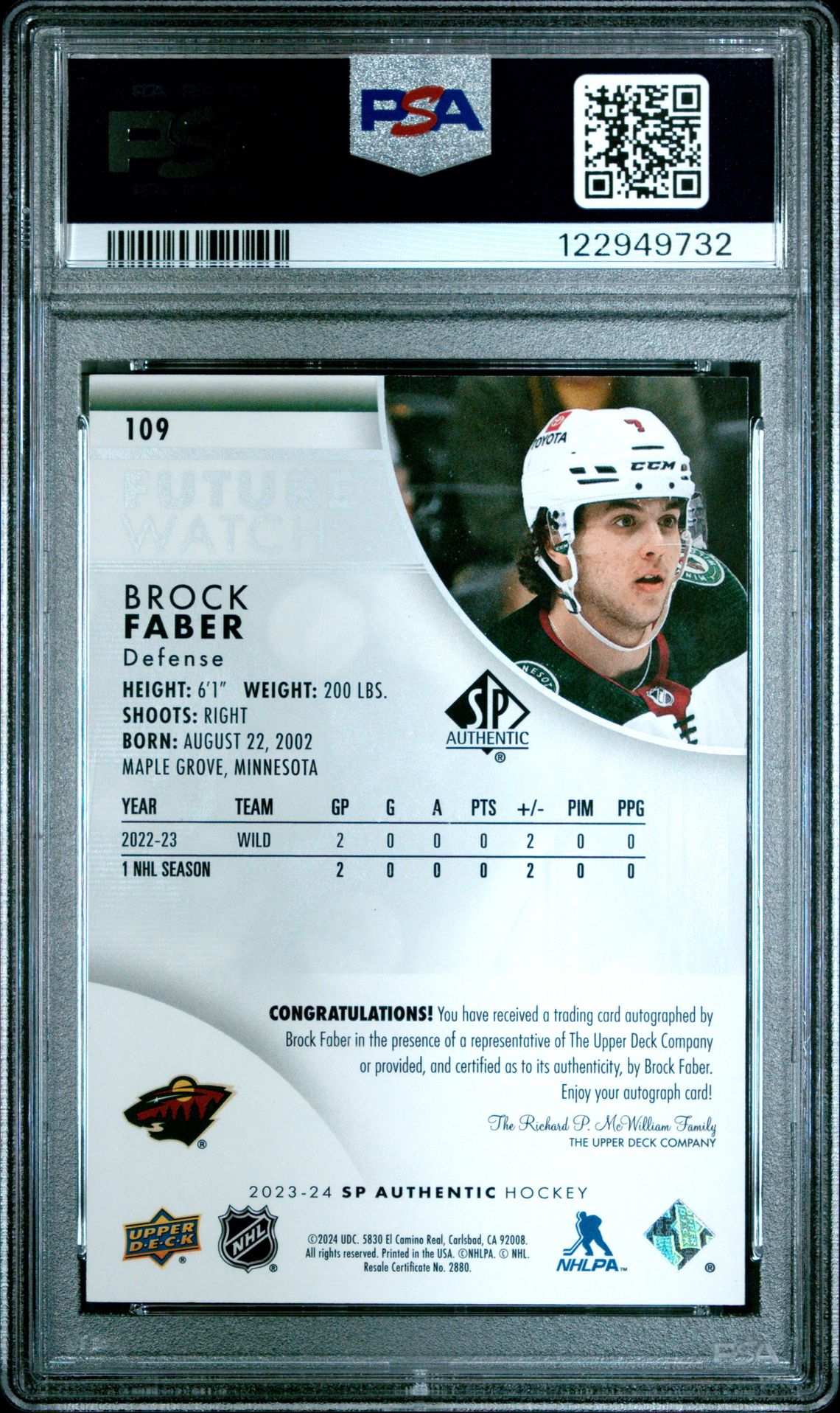 2023 Sp Authentic Brock Faber #109 (Autograph) Mint 9 back