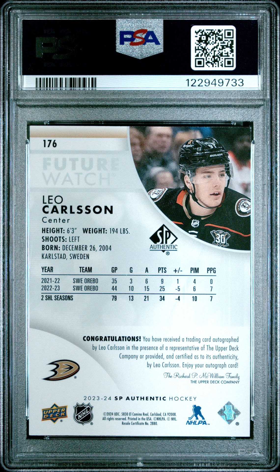 2023 Sp Authentic Leo Carlsson #176 (Autograph) Mint 9 back