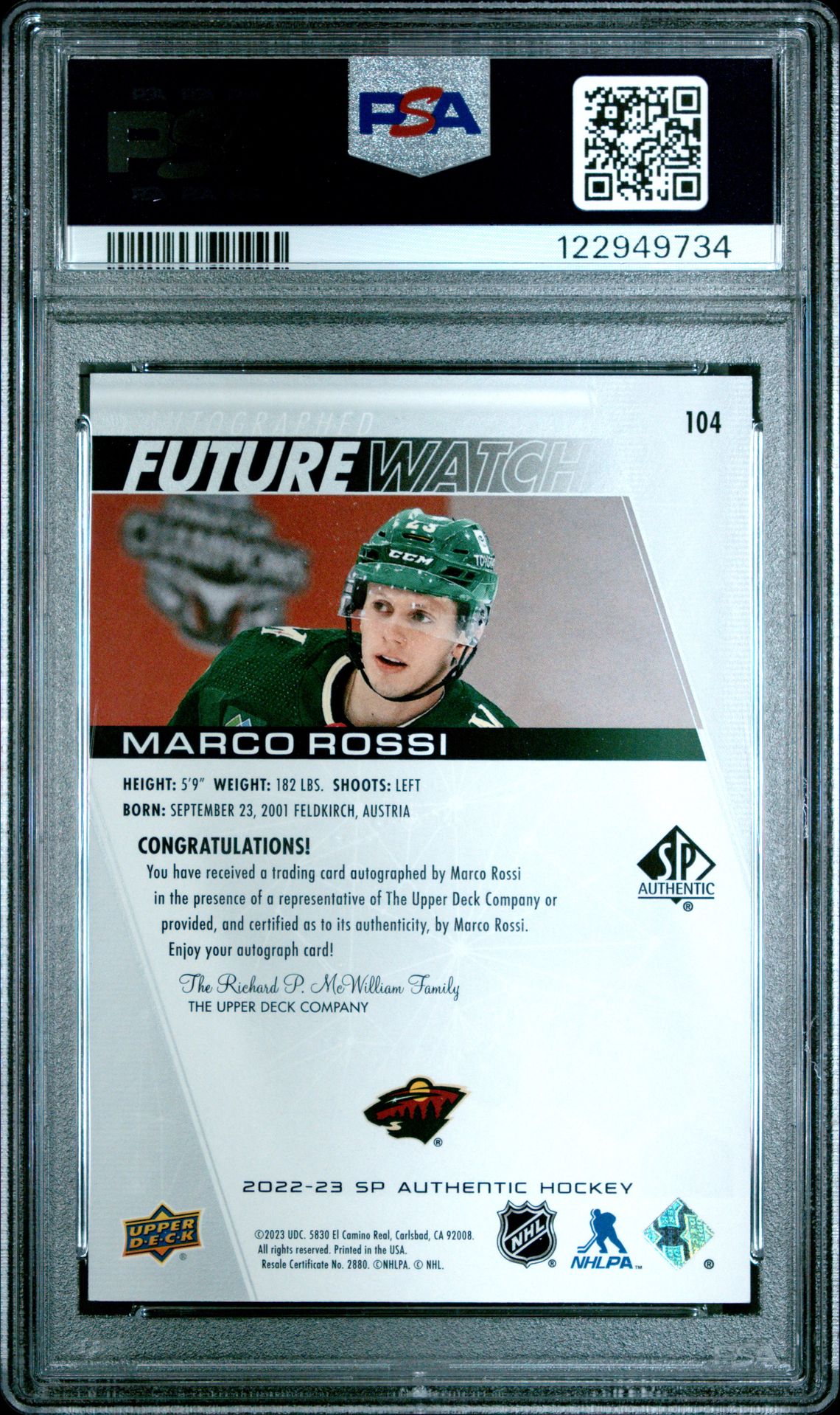2022 Sp Authentic Marco Rossi #104 (Inscribed Autograph) Mint 9 back