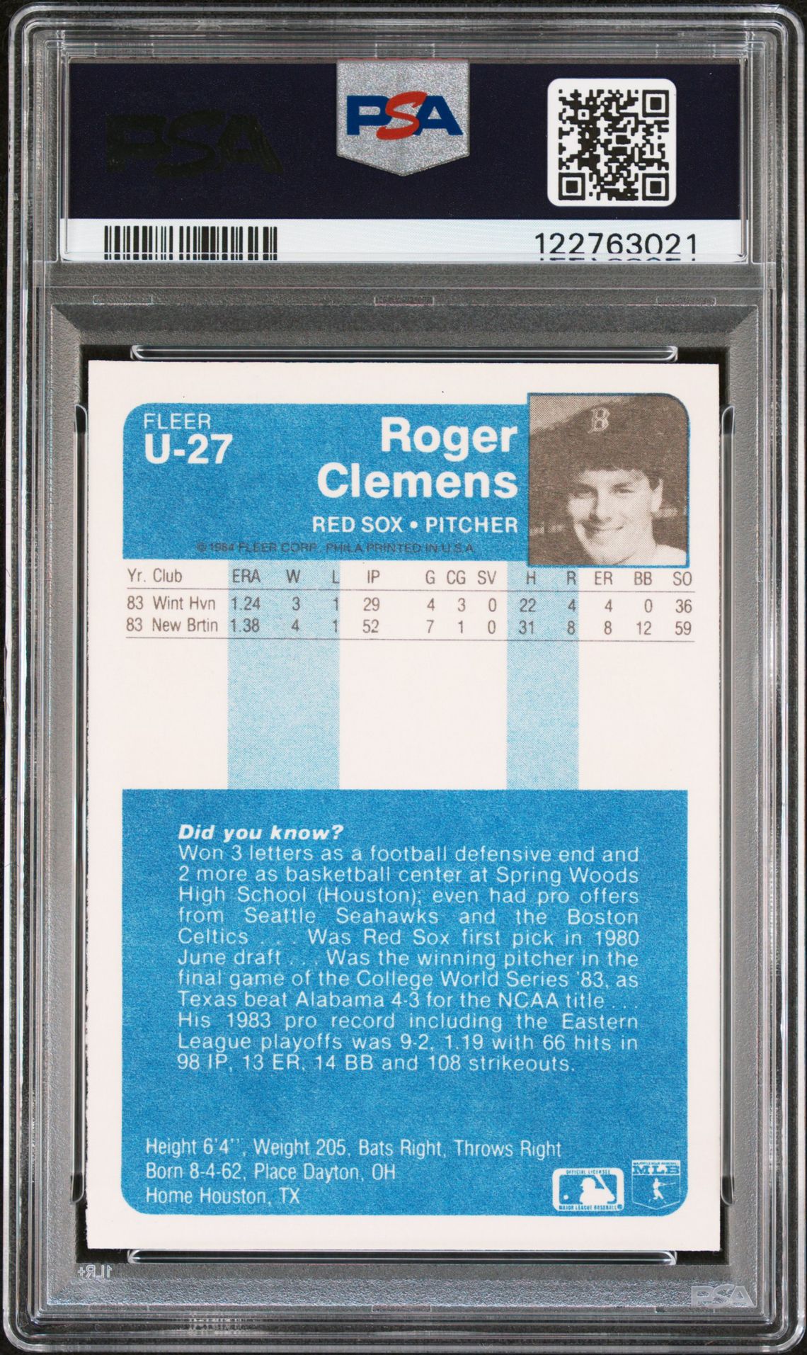 1984 Fleer Update Roger Clemens #U-27 Mint 9 back