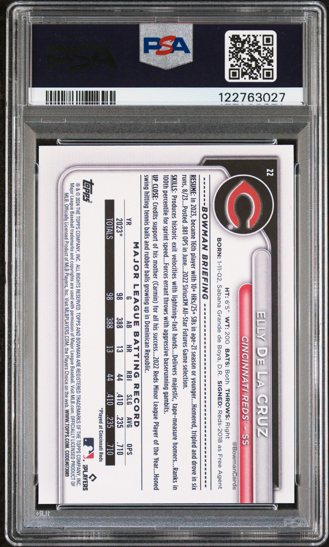 2024 Bowman Elly De La Cruz #22 Gem Mt 10 back