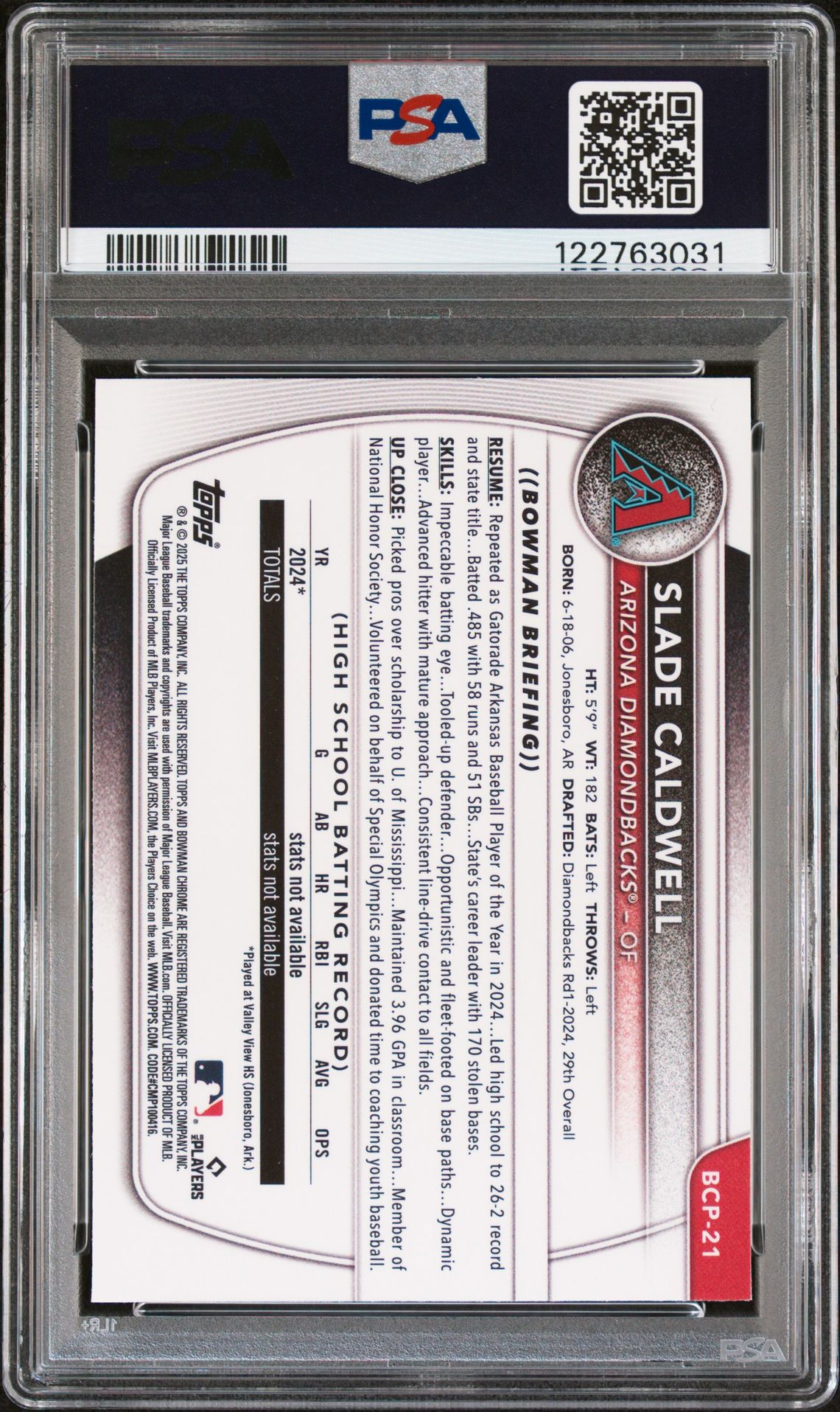 2025 Bowman Chrome Prospects Slade Caldwell #Bcp21 Nm-Mt 8 back