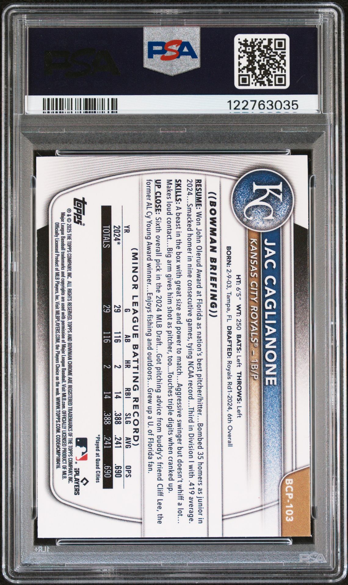 2025 Bowman Chrome Prospects Jac Caglianone #Bcp103 Mint 9 back