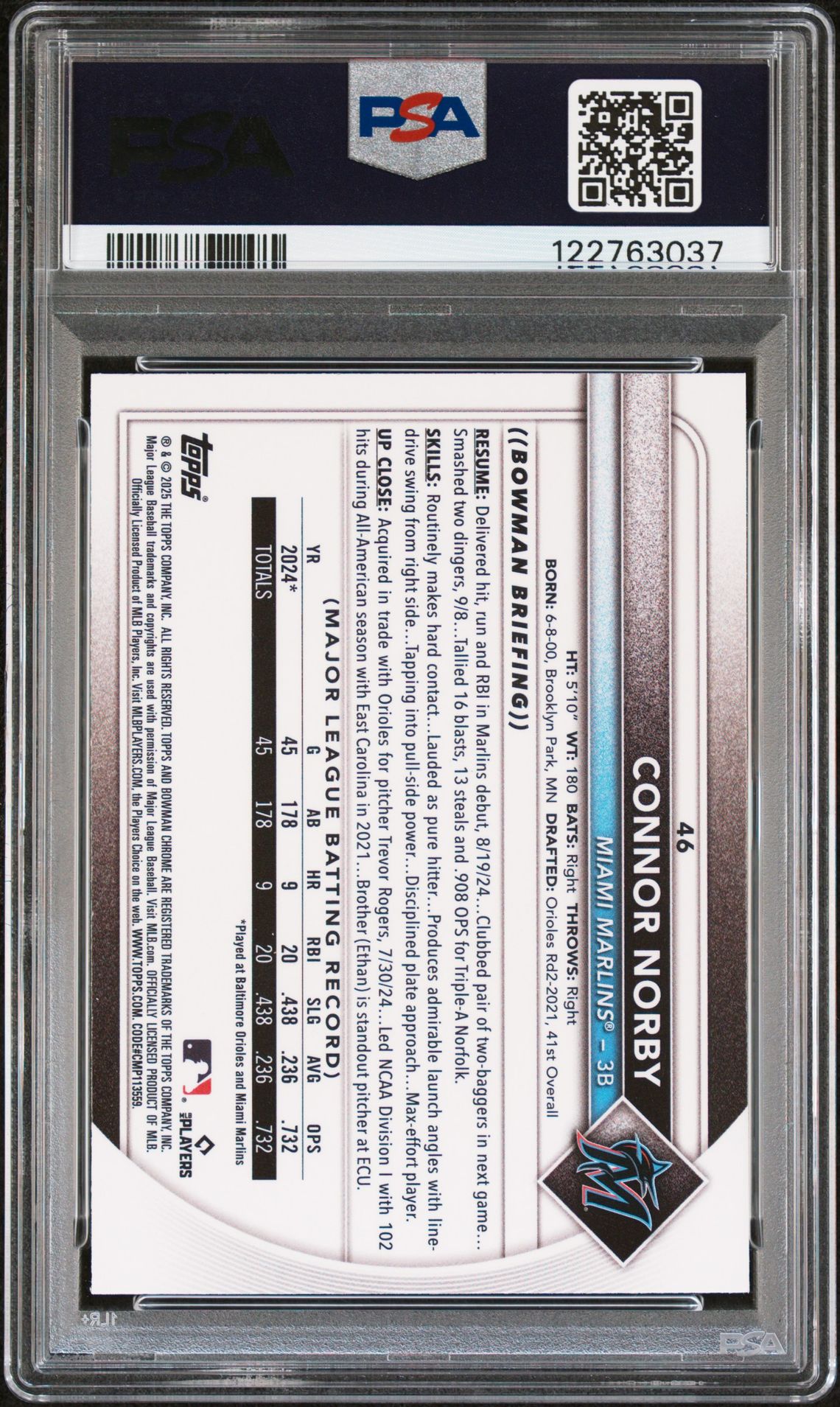 2025 Bowman Connor Norby #46 (Red Rookie Redemption) Mint 9 back