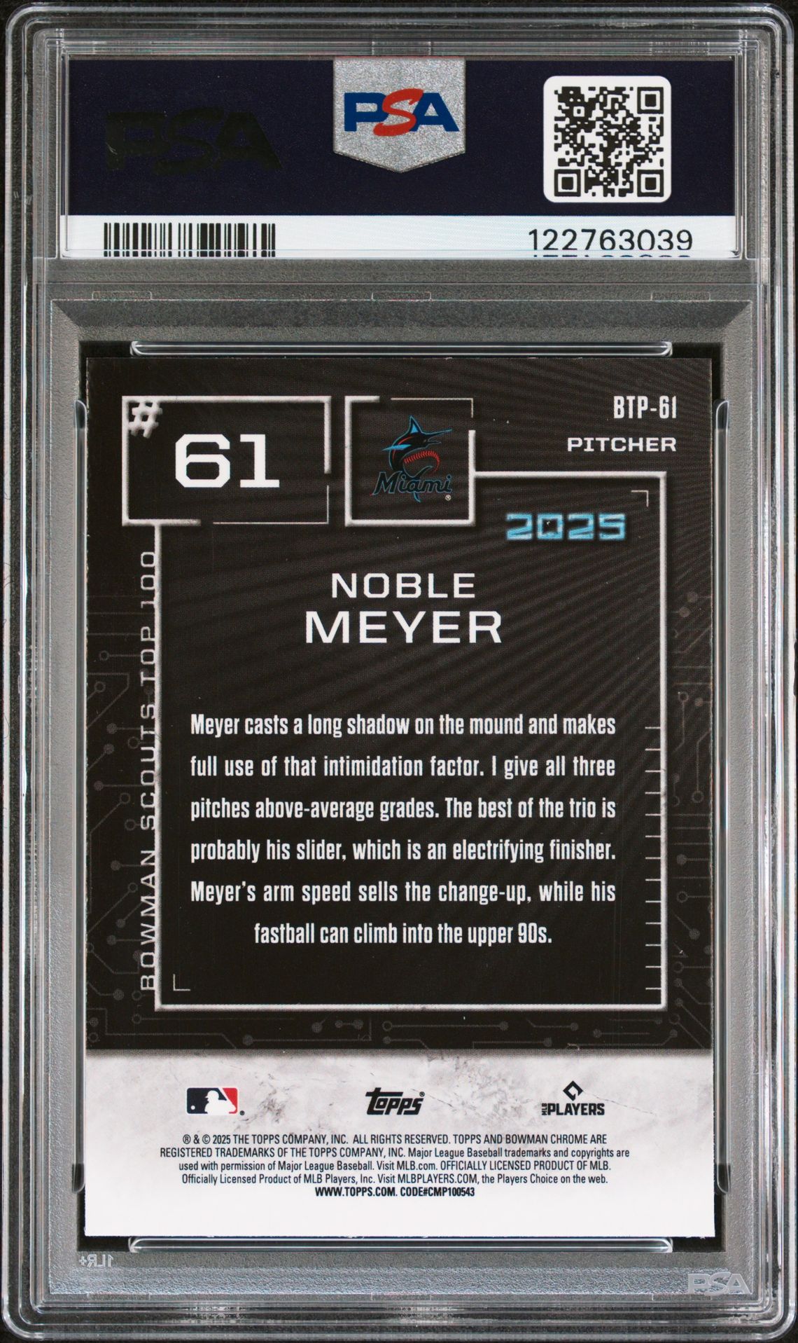 2025 Bowman Scouts' Top 100 Noble Meyer #Btp61 Gem Mt 10 back