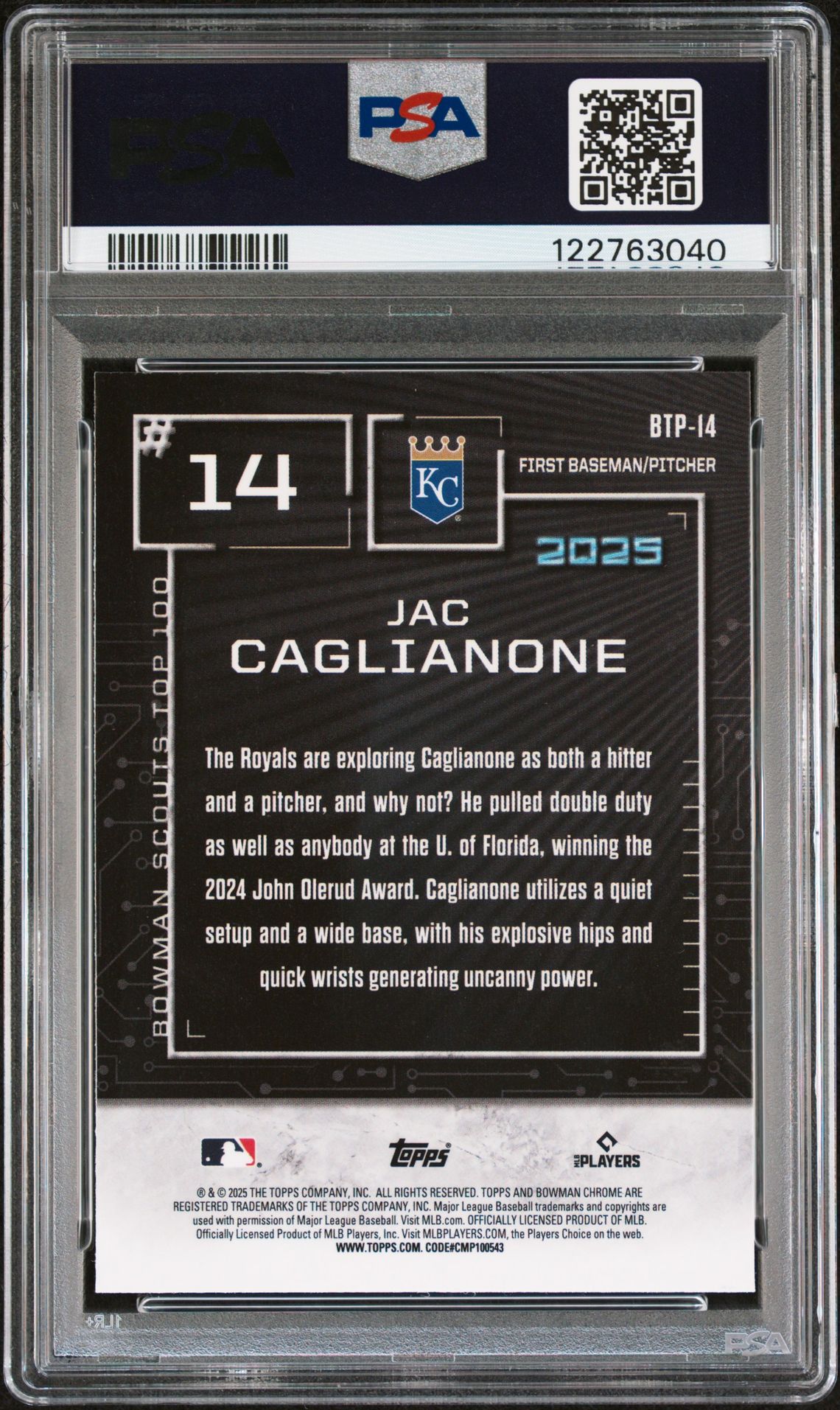 2025 Bowman Scouts' Top 100 Jac Caglianone #Btp14 Mint 9 back