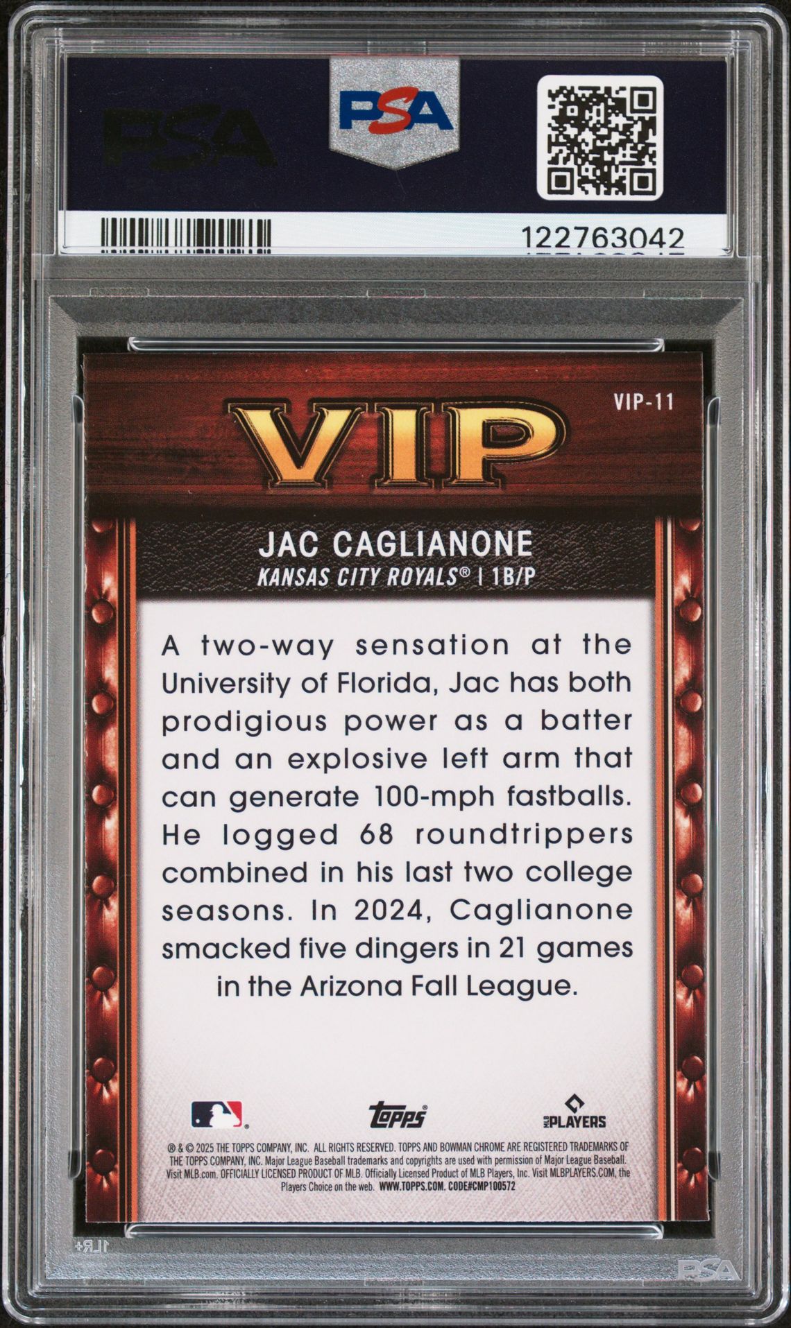 2025 Bowman Very Important Prospects Jac Caglianone #Vip11 Nm-Mt 8 back