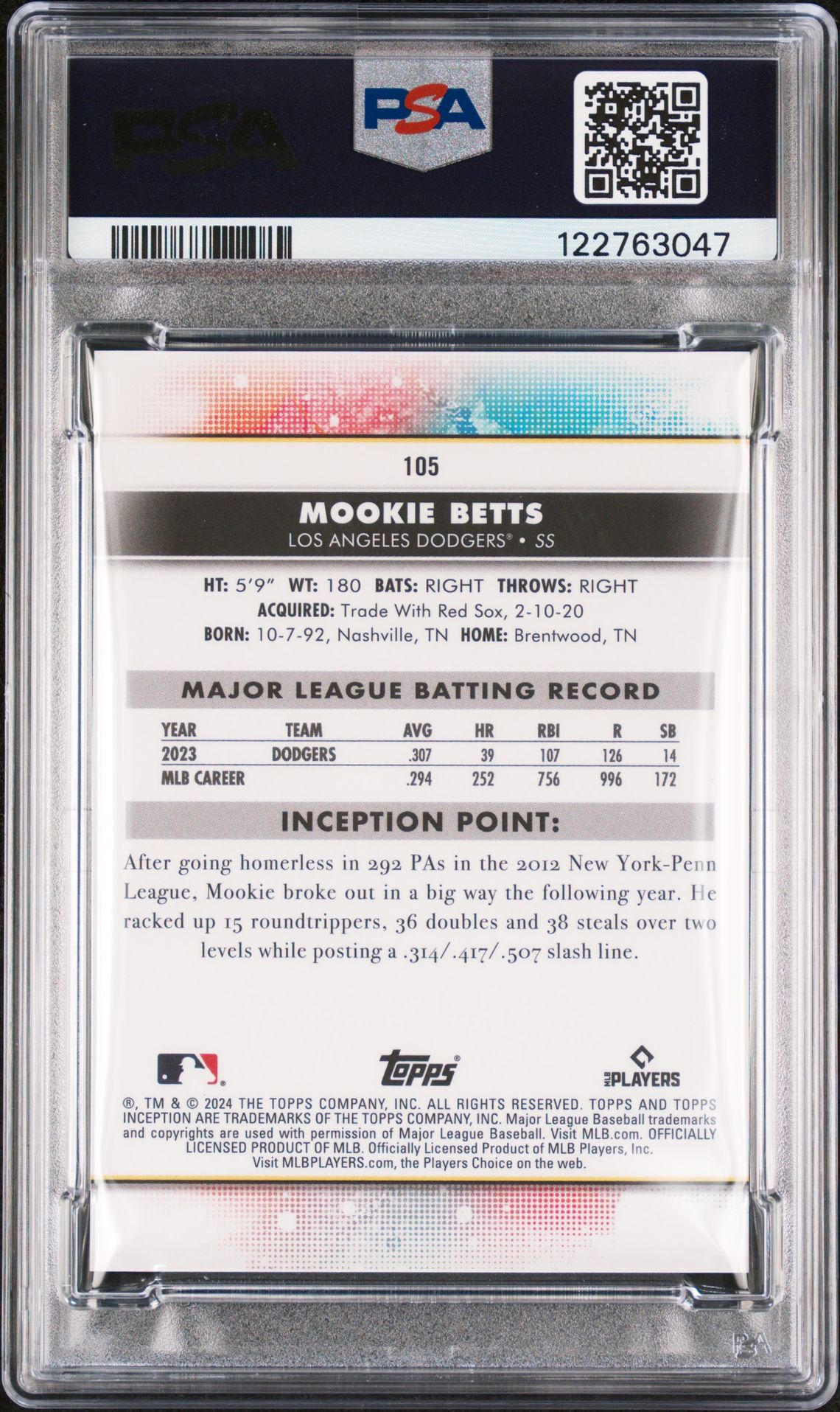 2024 Topps Inception Mookie Betts #105 Gem Mt 10 back