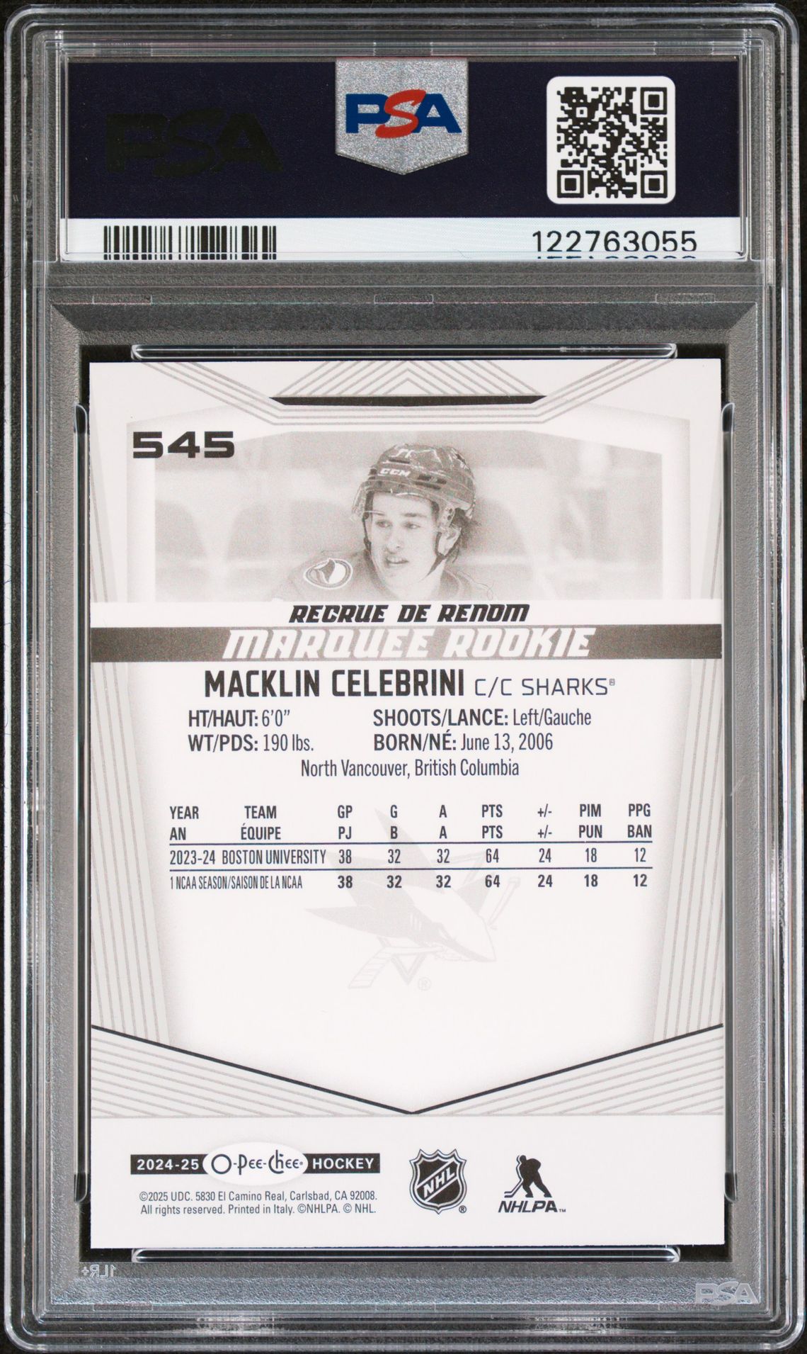 2024 Upper Deck O-Pee-Chee Macklin Celebrini #545 Gem Mt 10 back