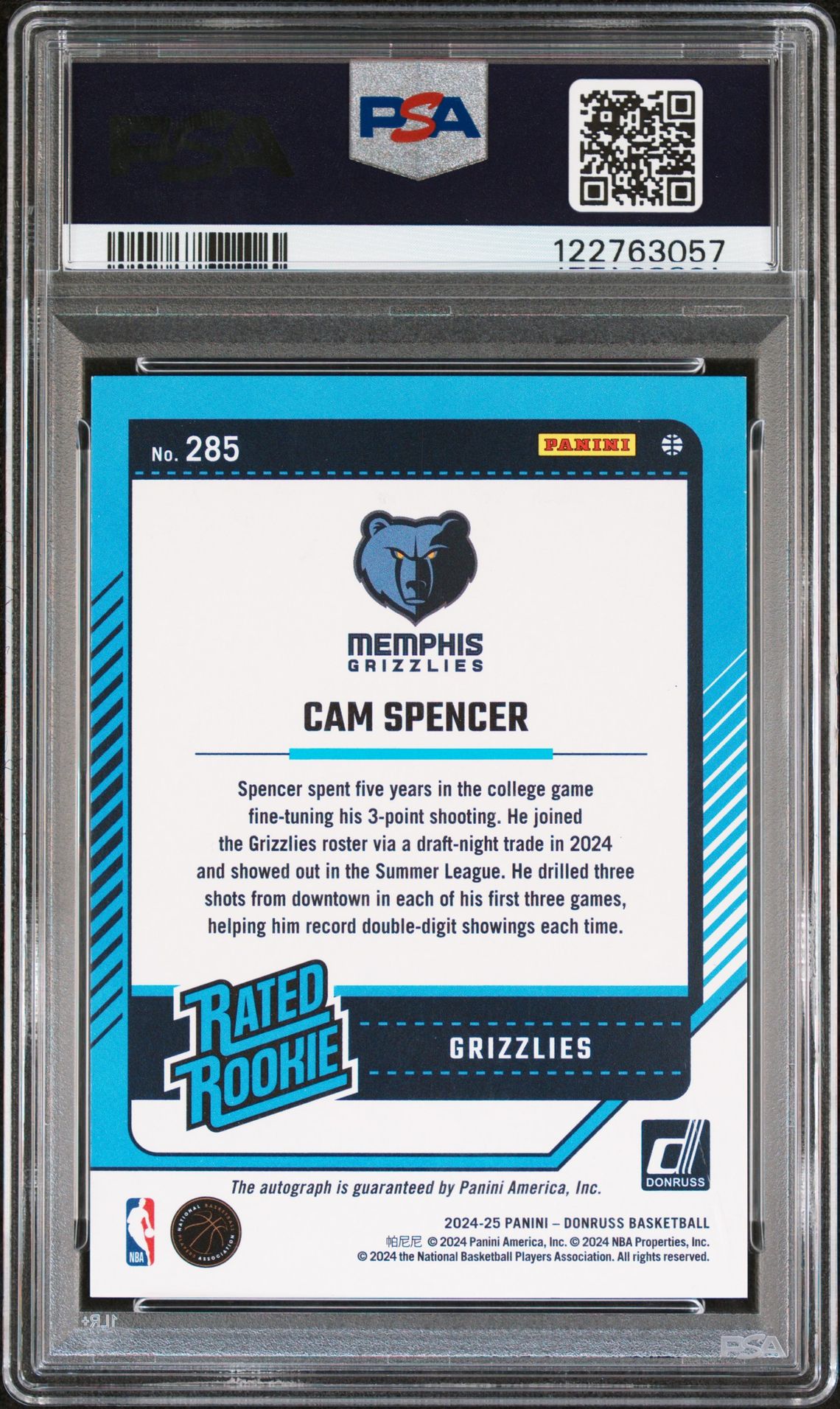 2024 Panini Donruss Cam Spencer #285 (Rated Rookie Sig-Red Choice) Mint 9 back