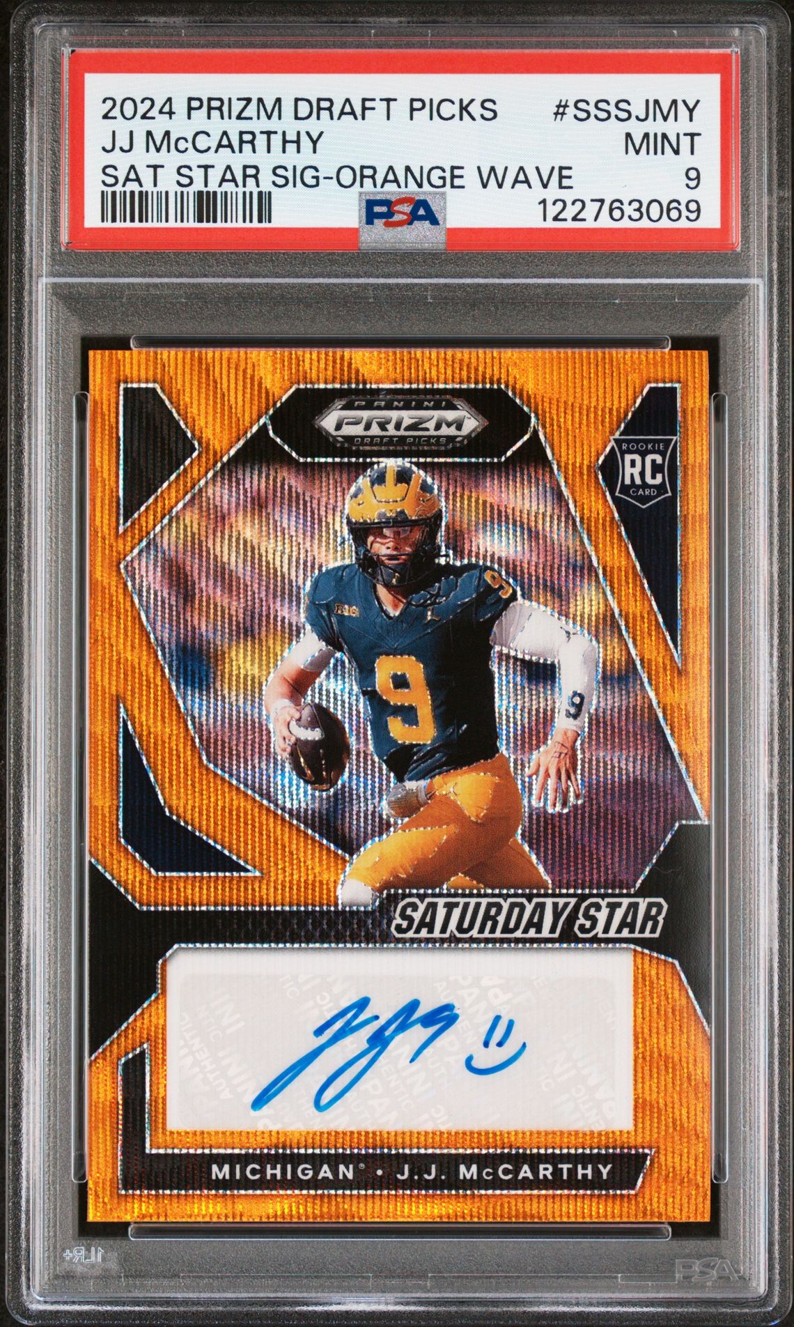 2024 Panini Prizm Draft Picks Saturday Star Signatures Jj Mccarthy #Sssjmy (Sat Star Sig-Orange Wave) Mint 9 front