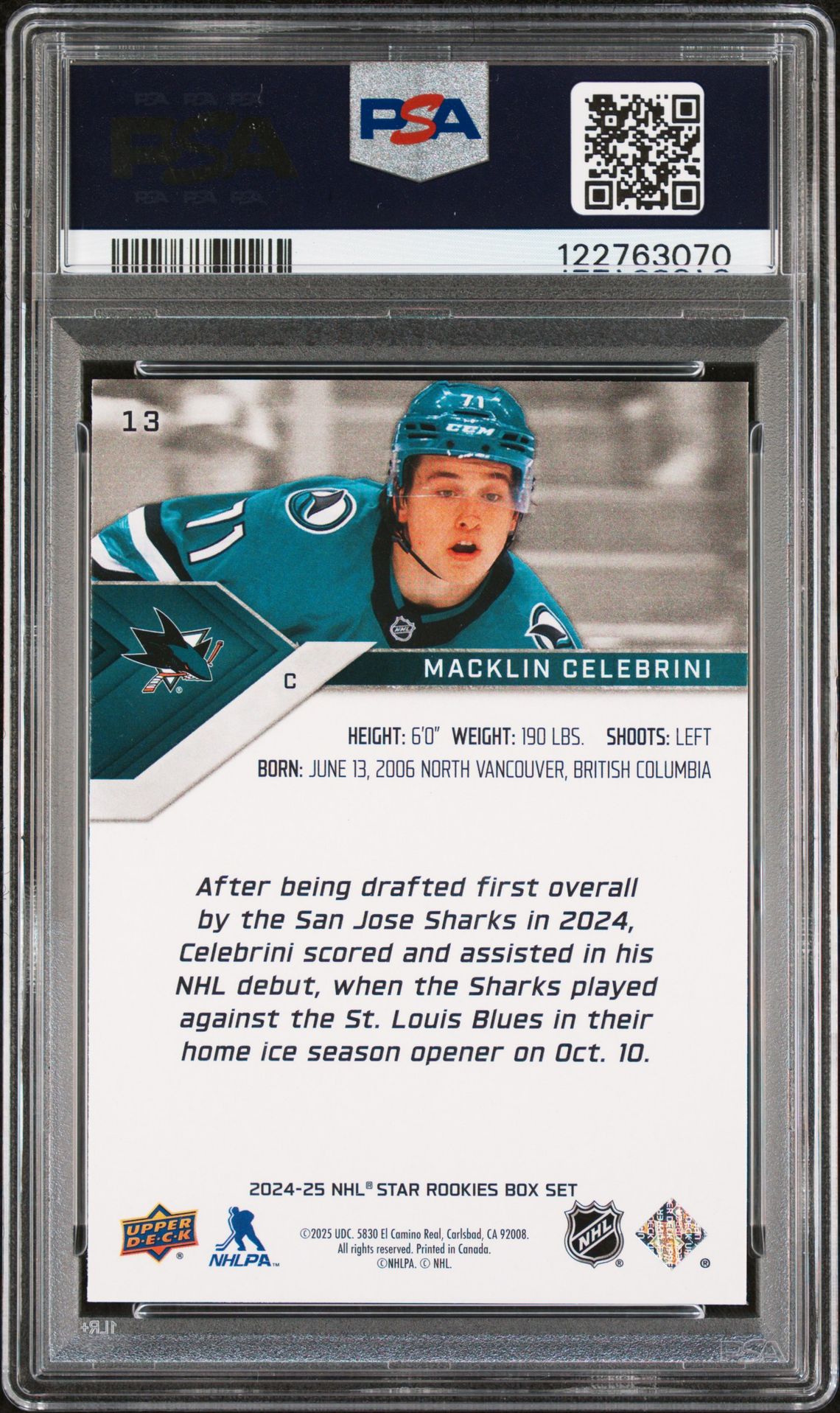 2024 Upper Deck Nhl Star Rookies Box Set Macklin Celebrini #13 Mint 9 back