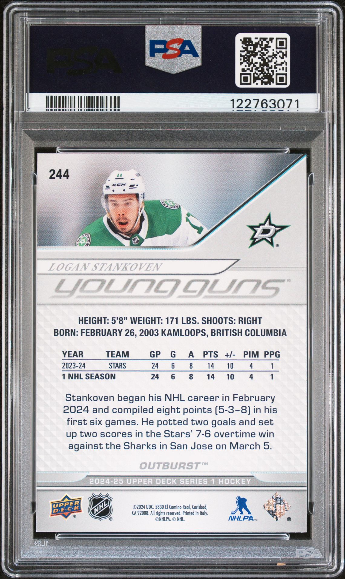 2024 Upper Deck Logan Stankoven #244 (Outburst) Gem Mt 10 back