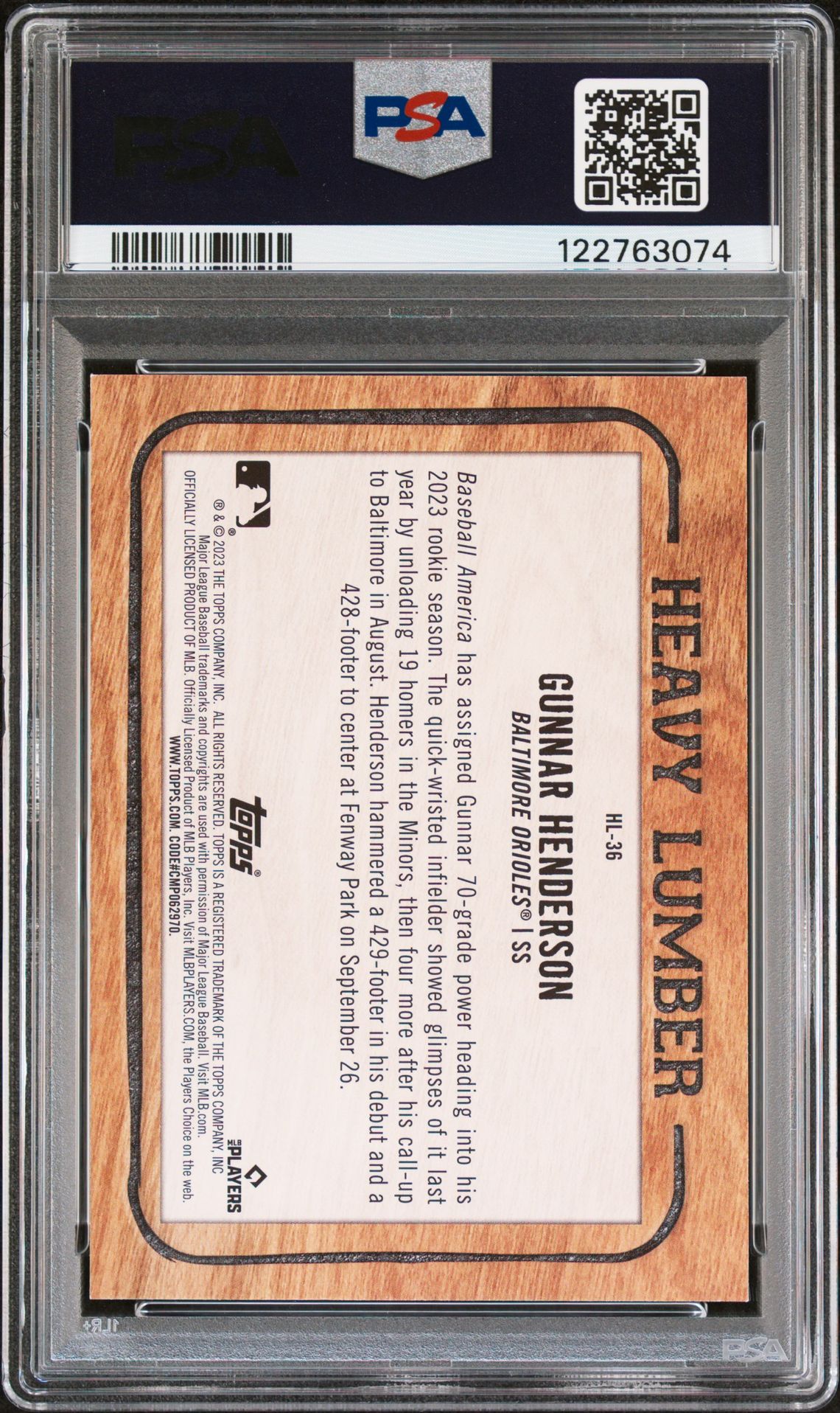 2023 Topps Heavy Lumber Gunnar Henderson #Hl36 (Heavy Lumber) Mint 9 back