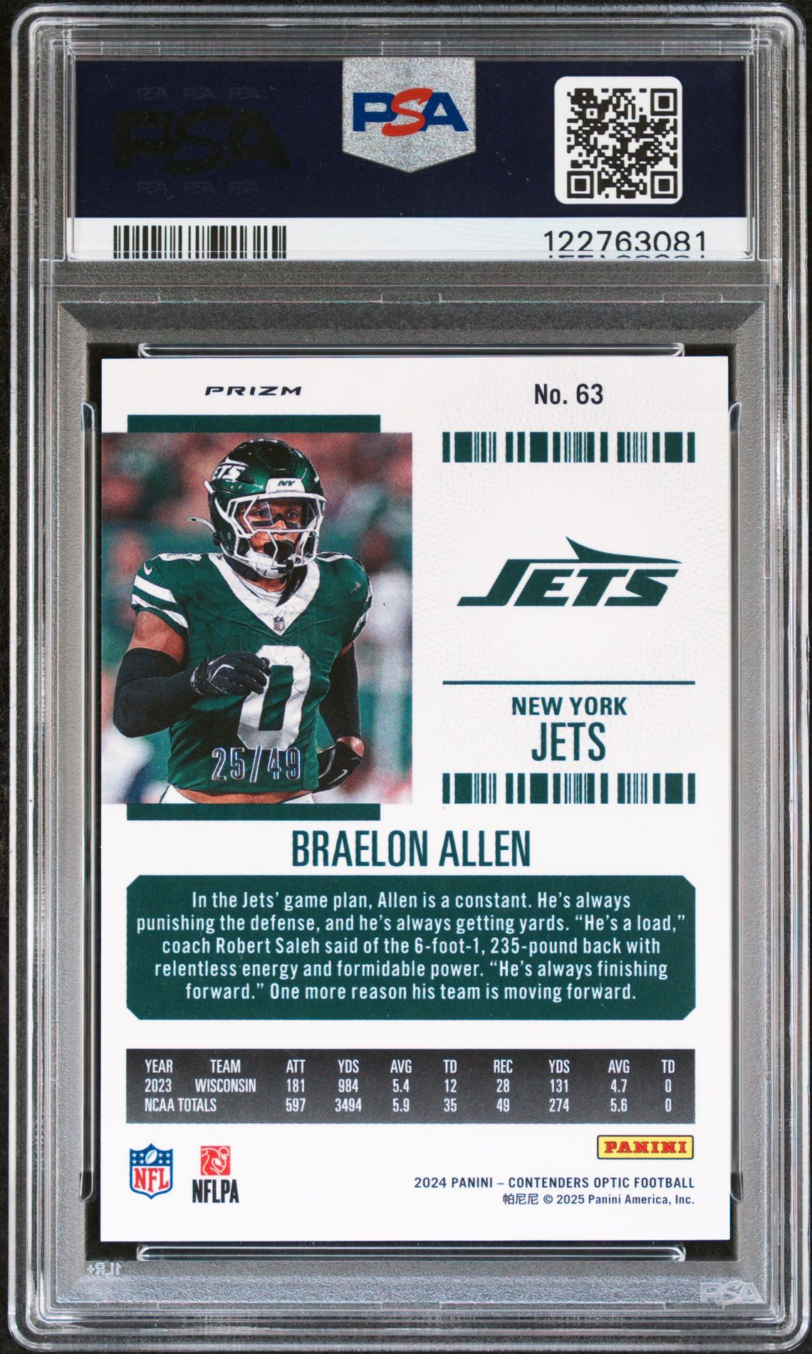 2024 Panini Contenders Optic Braelon Allen #63 (Green Pulsar) Mint 9 back