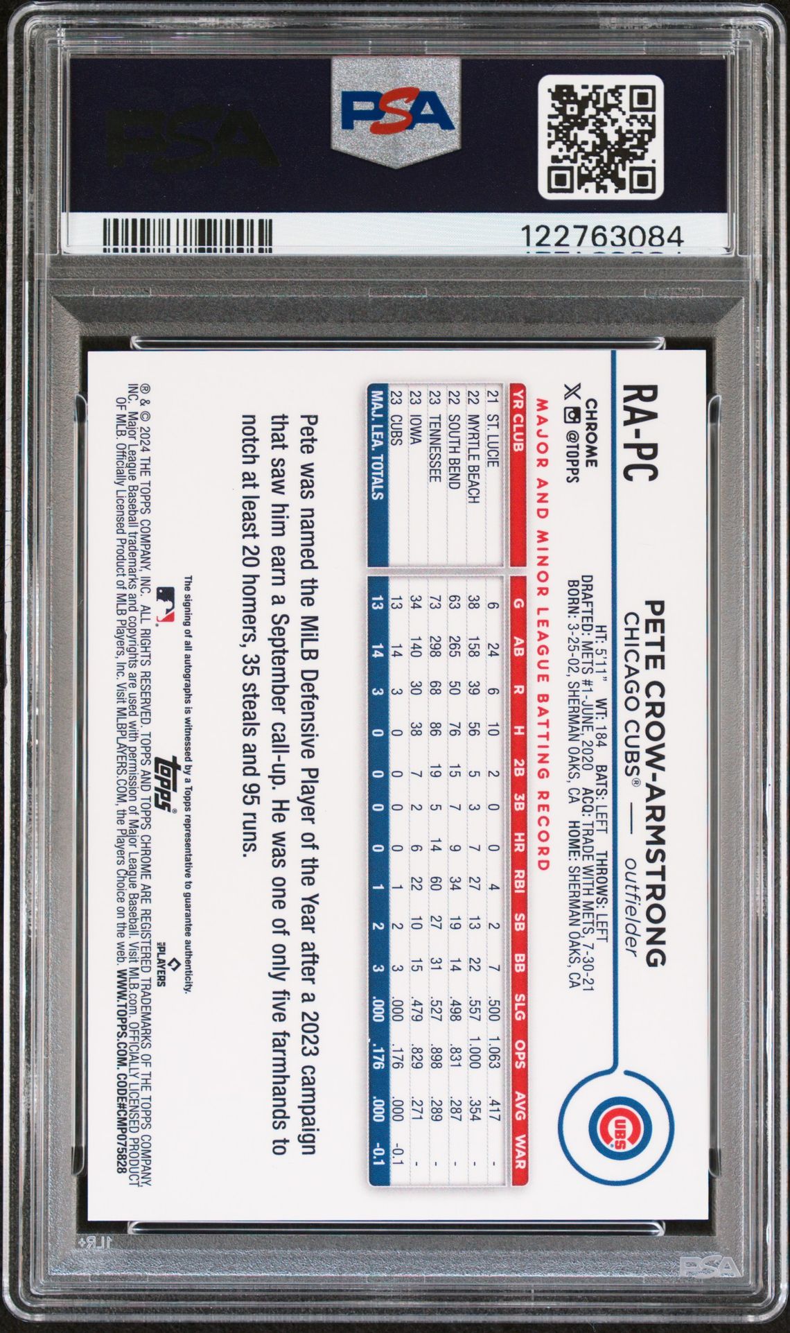 2024 Topps Chrome Rookie Autographs Pete Crow-Armstrong #Rapc Gem Mt 10 back