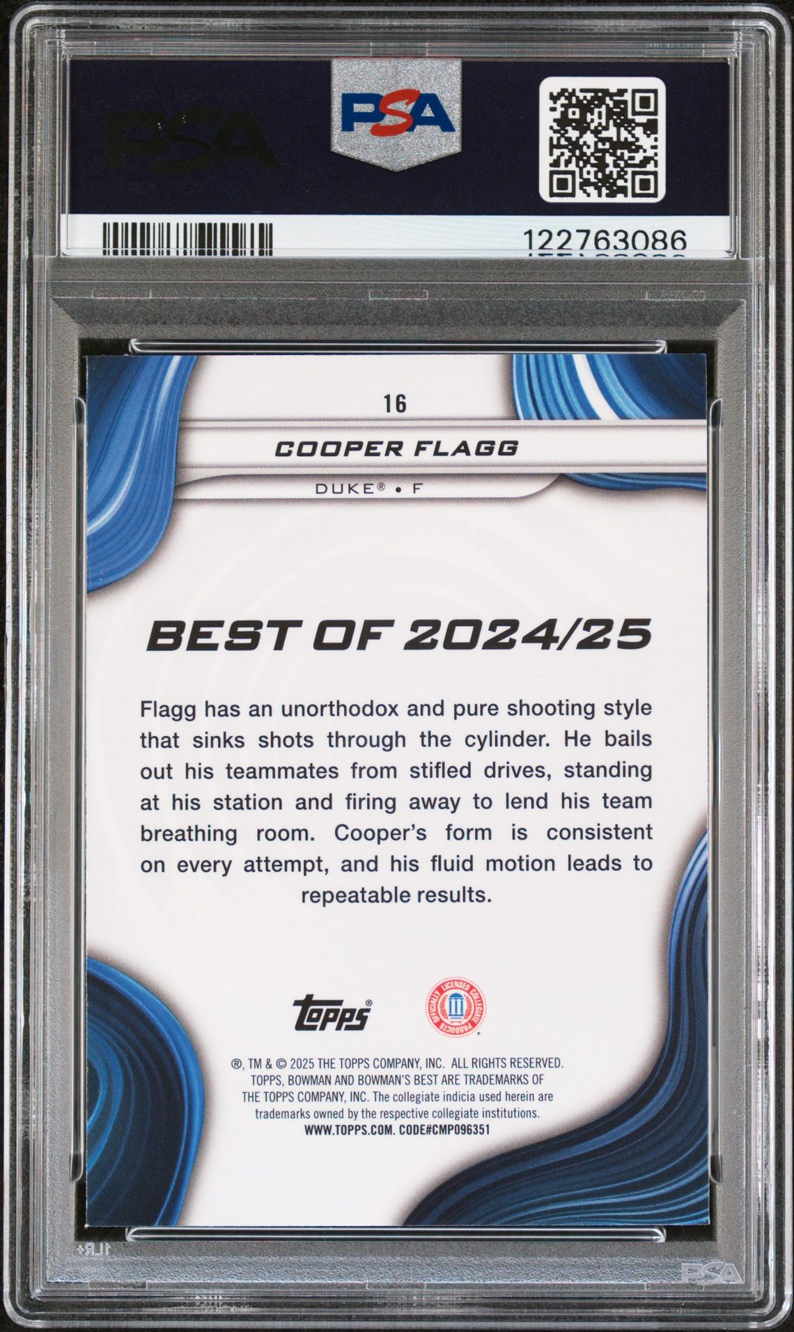 2024 Bowman University Best Cooper Flagg #16 (Blue Refractor) Gem Mt 10 back