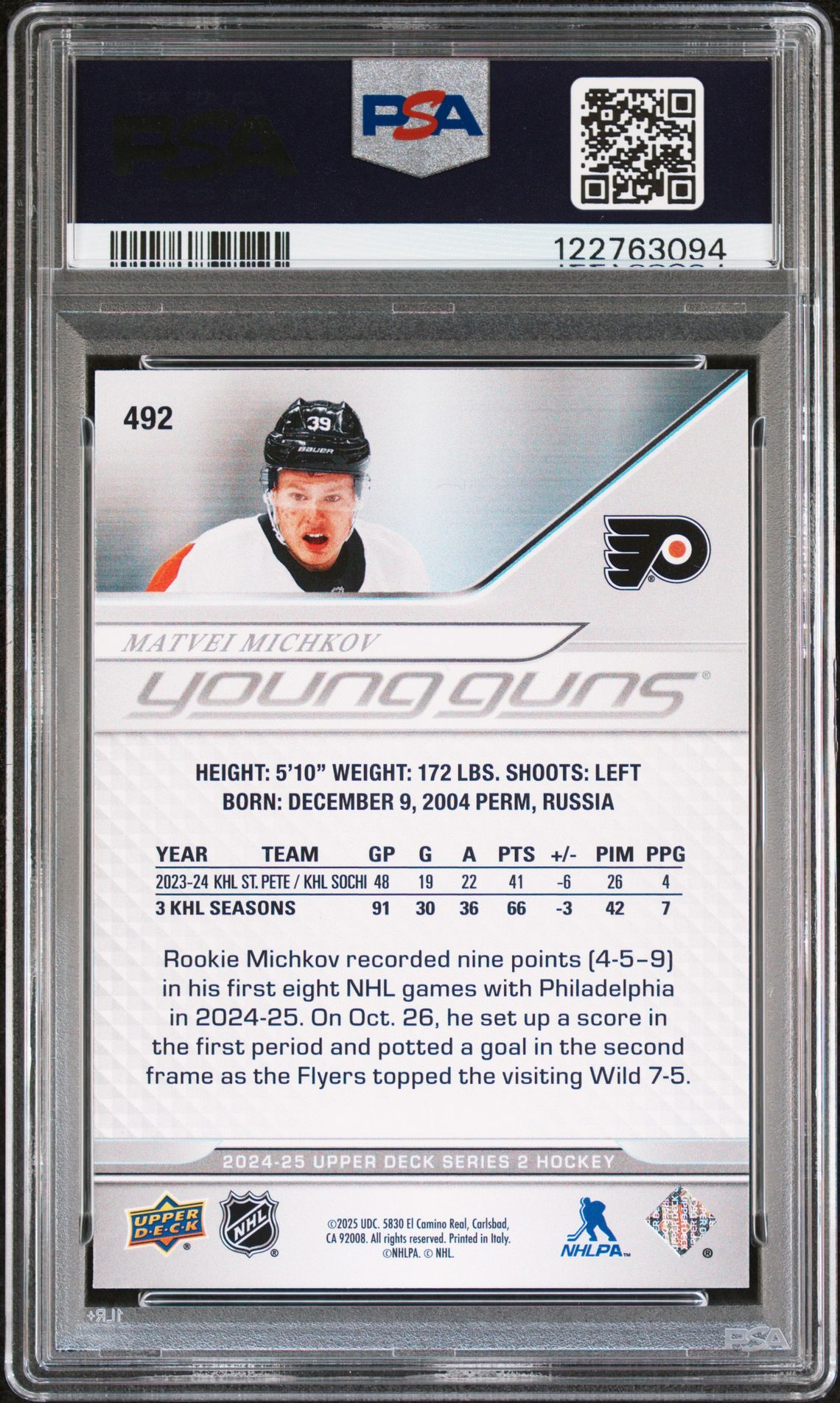 2024 Upper Deck Matvei Michkov #492 Mint 9 back